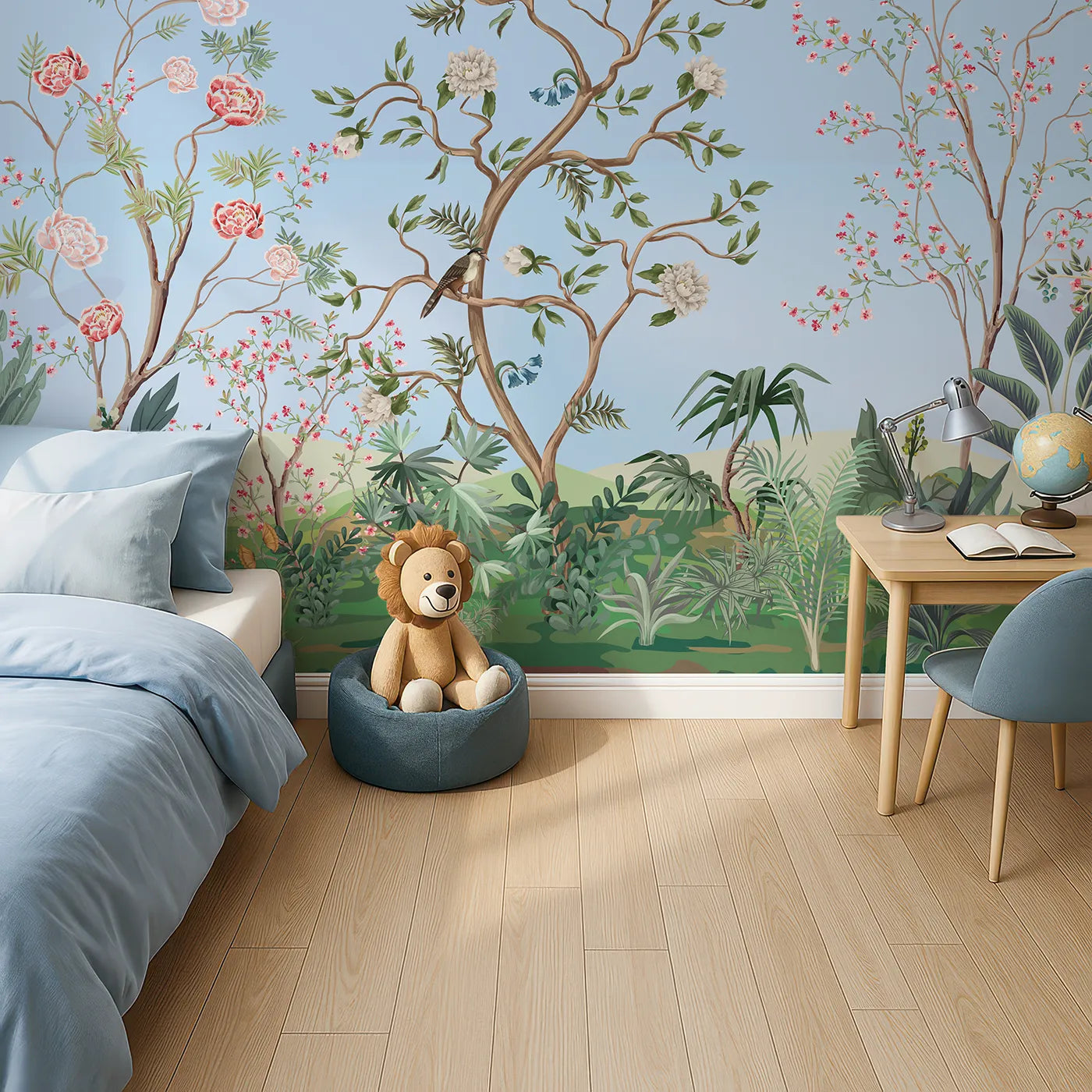 Top-down view of Whimsy Tots' Chinoiserie Garden in Blue Wall Mural (Turn Their Room into an Elegant, Hand-Painted Paradise).Gender-Neutral