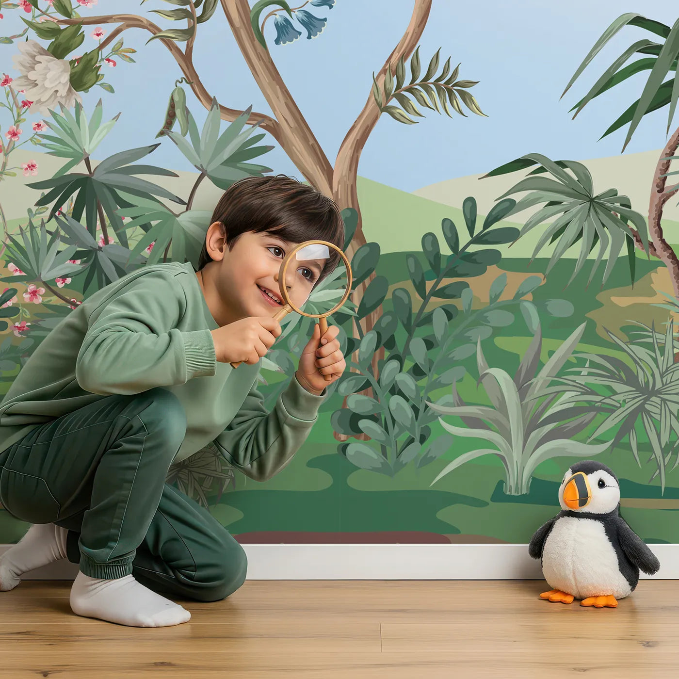 Child in front of Whimsy Tots Chinoiserie Garden in Blue Wall Mural with chinoiserie, vintage, floral, flower, bird, tree, blue, classic in design.