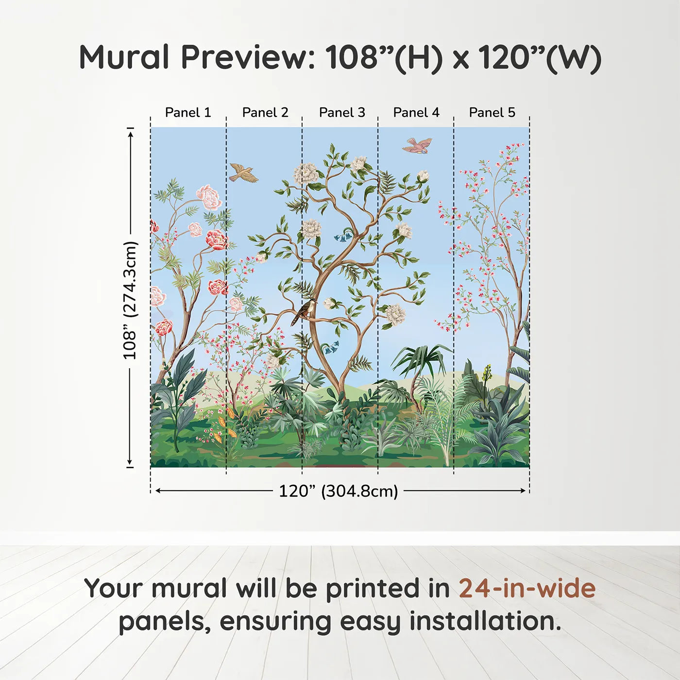 Whimsy Tots Chinoiserie Garden in Blue Wall Muraldimension view (108" H x 120" W). Printed in five 24-inch-wide panels. Gender-Neutral