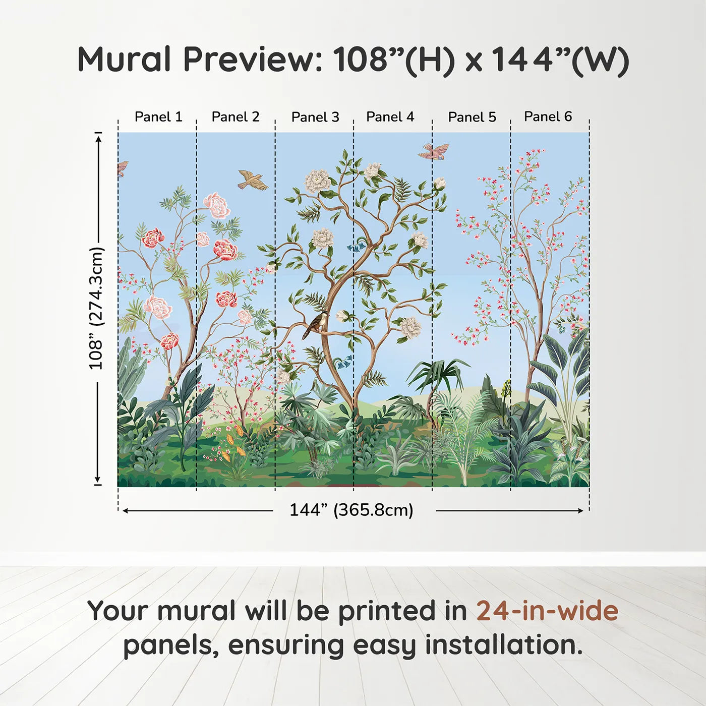 Whimsy Tots Chinoiserie Garden in Blue Wall Muraldimension view (108" H x 144" W). Printed in six 24-inch-wide panels. Gender-Neutral