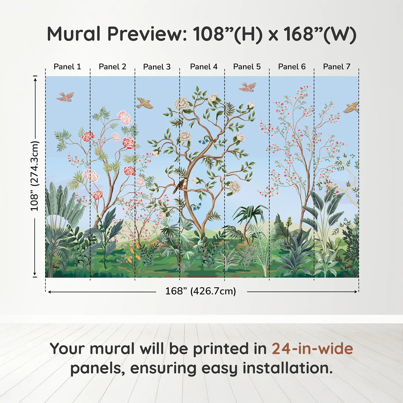 Whimsy Tots Chinoiserie Garden in Blue Wall Muraldimension view (108" H x 168" W). Printed in seven 24-inch-wide panels. Gender-Neutral