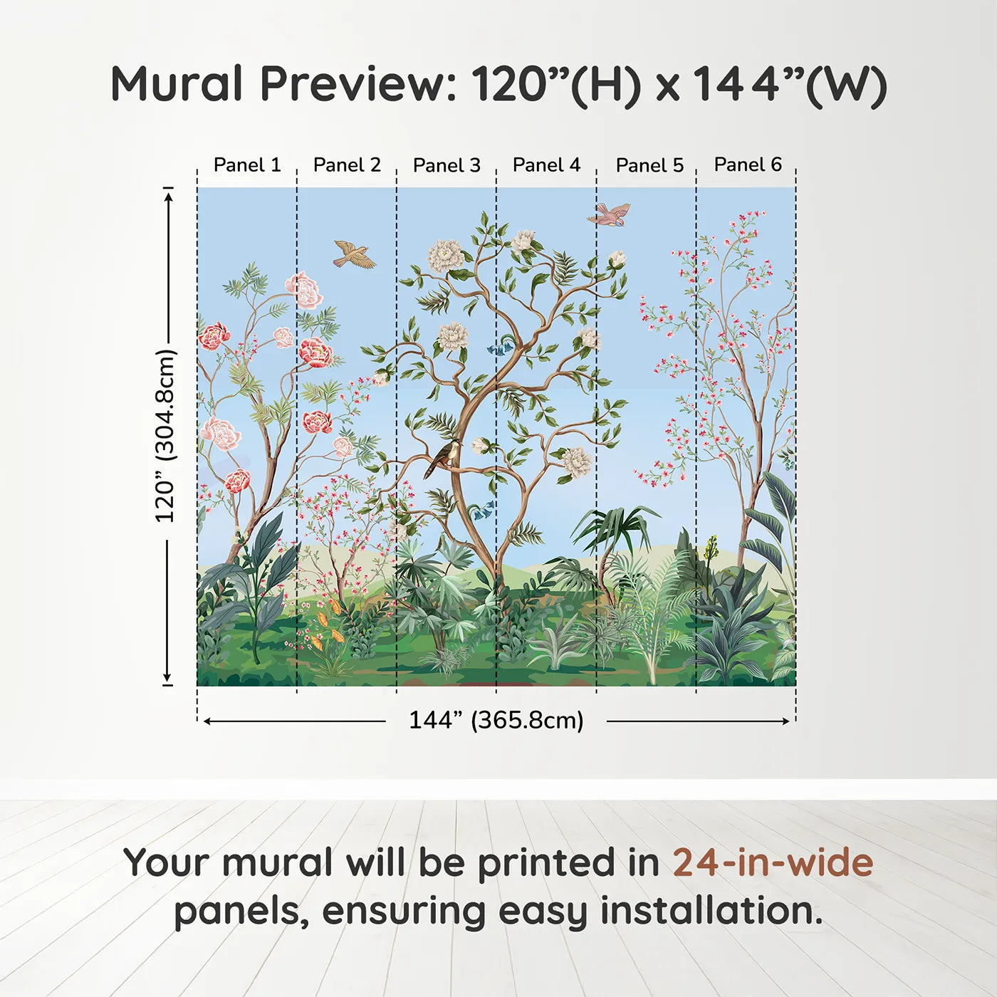 Whimsy Tots Chinoiserie Garden in Blue Wall Muraldimension view (120" H x 144" W). Printed in six 24-inch-wide panels. Gender-Neutral