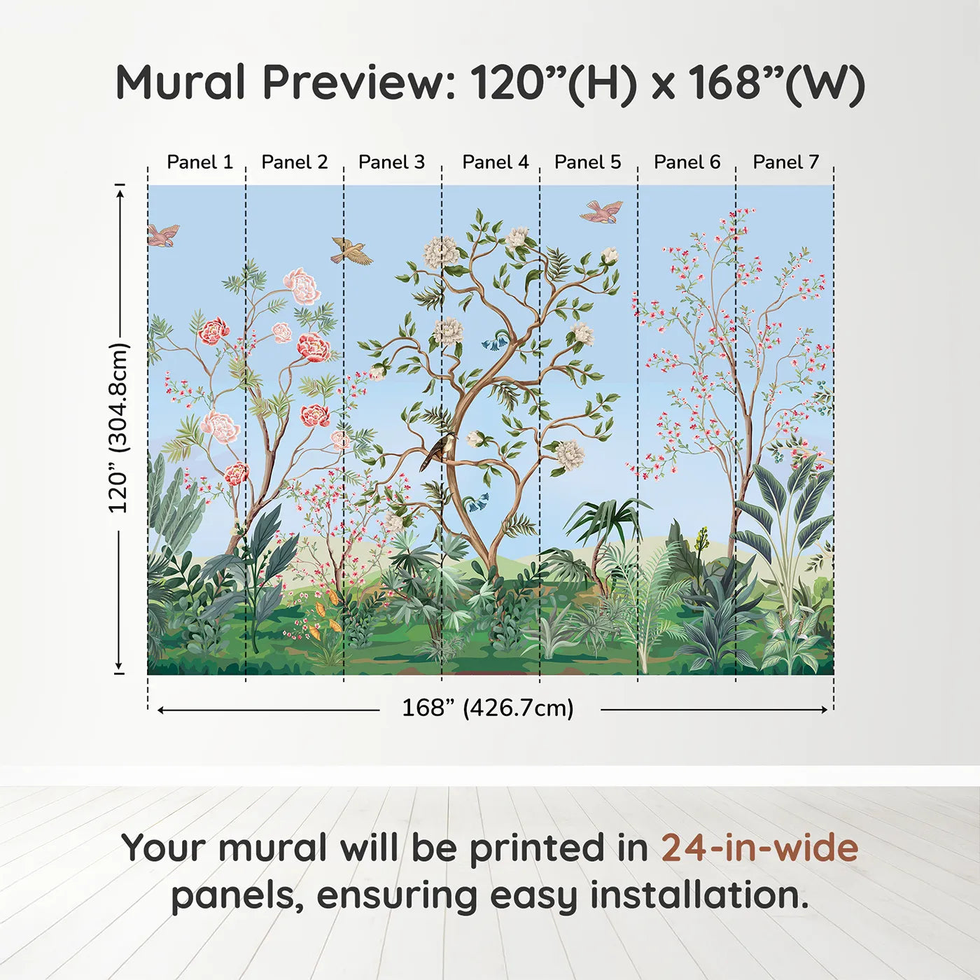 Whimsy Tots Chinoiserie Garden in Blue Wall Muraldimension view (120" H x 168" W). Printed in seven 24-inch-wide panels. Gender-Neutral