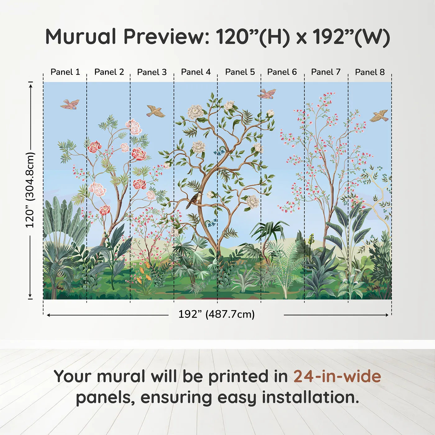 Whimsy Tots Chinoiserie Garden in Blue Wall Muraldimension view (120" H x 192" W). Printed in eight 24-inch-wide panels. Gender-Neutral