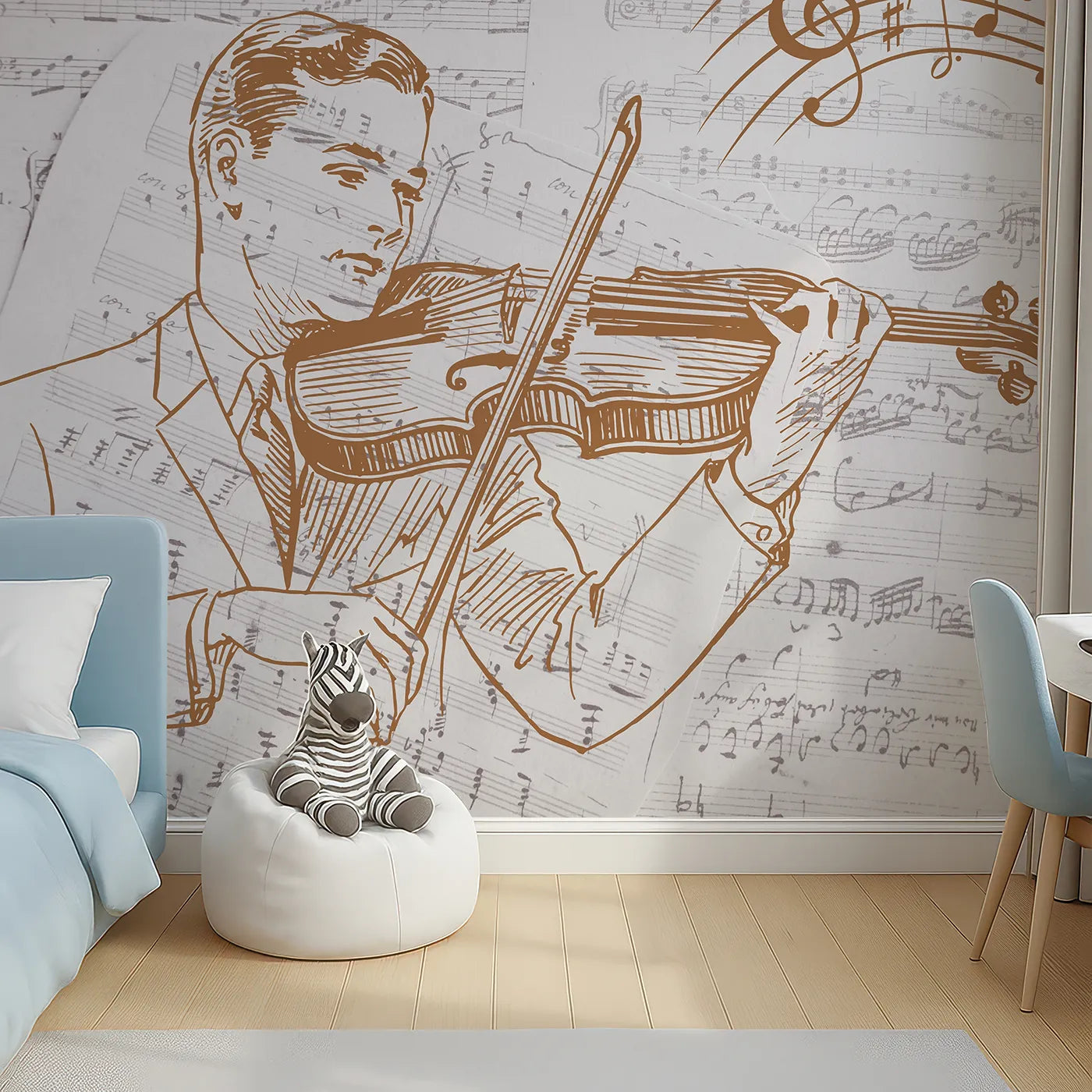 Top-down view of Whimsy Tots' Vintage Violinist Wall Mural (Turn Their Room into a Classic, Musical Masterpiece).Gender-Neutral