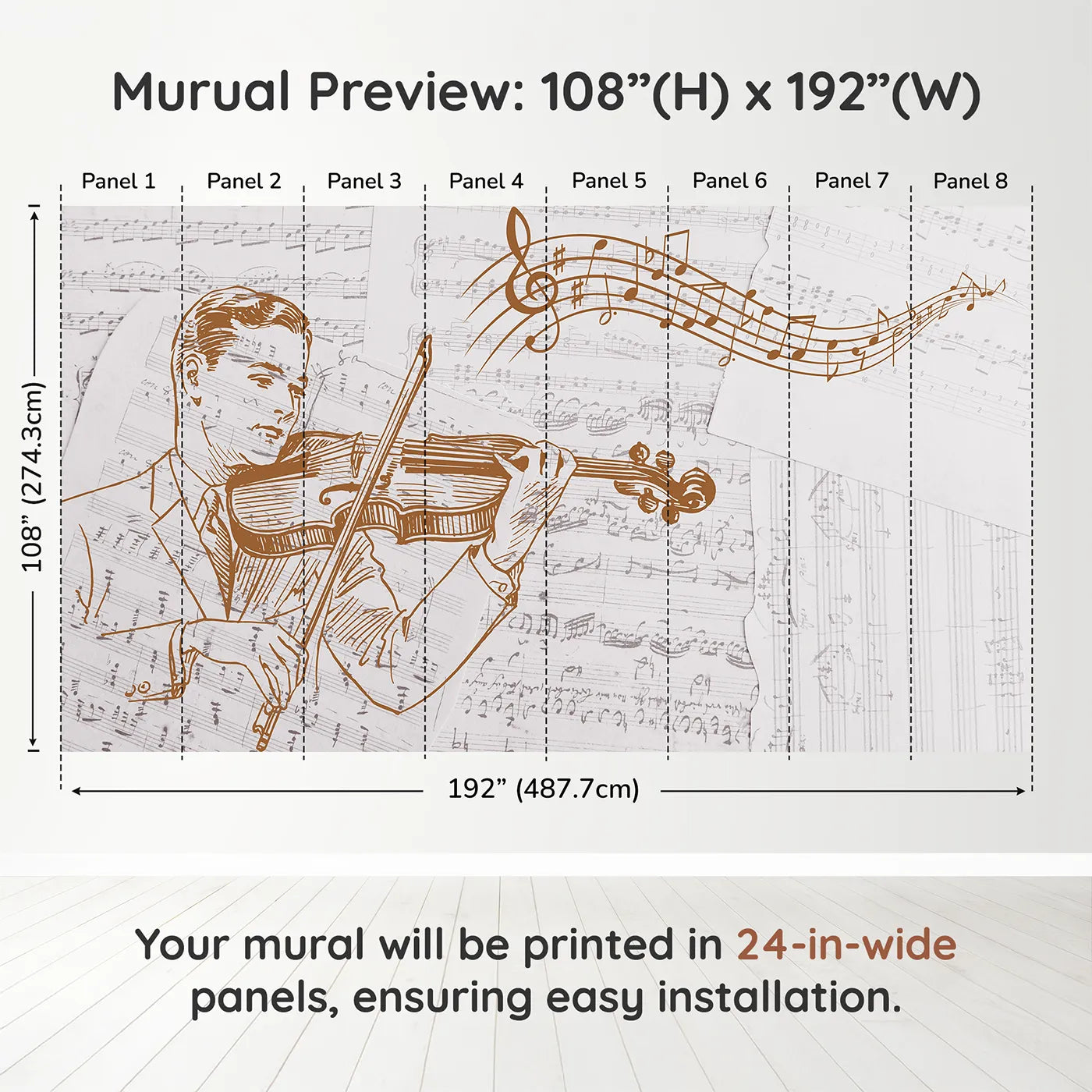 Whimsy Tots Vintage Violinist Wall Muraldimension view (108" H x 192" W). Printed in eight 24-inch-wide panels. Gender-Neutral