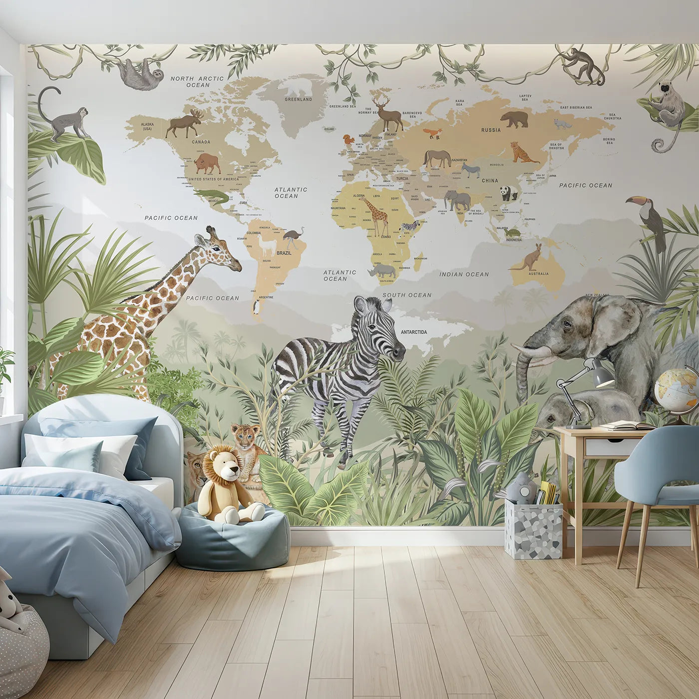 Front view of Whimsy Tots' Jungle Explorer World Map Wall Mural