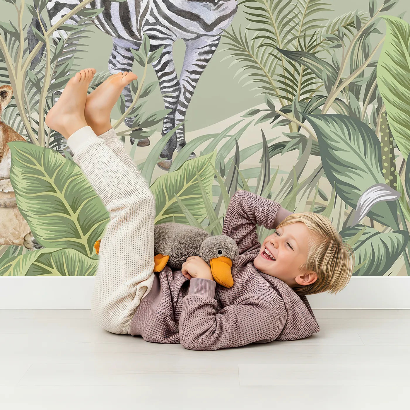 Child in front of Whimsy Tots Jungle Explorer World Map Wall Mural with map, world, animal, jungle, safari, vintage, educational, realistic in design.