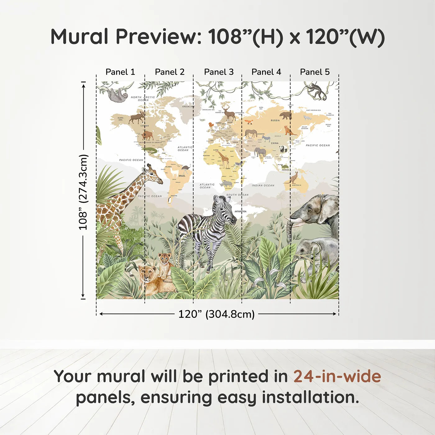 Whimsy Tots Jungle Explorer World Map Wall Muraldimension view (108" H x 120" W). Printed in five 24-inch-wide panels. Gender-Neutral