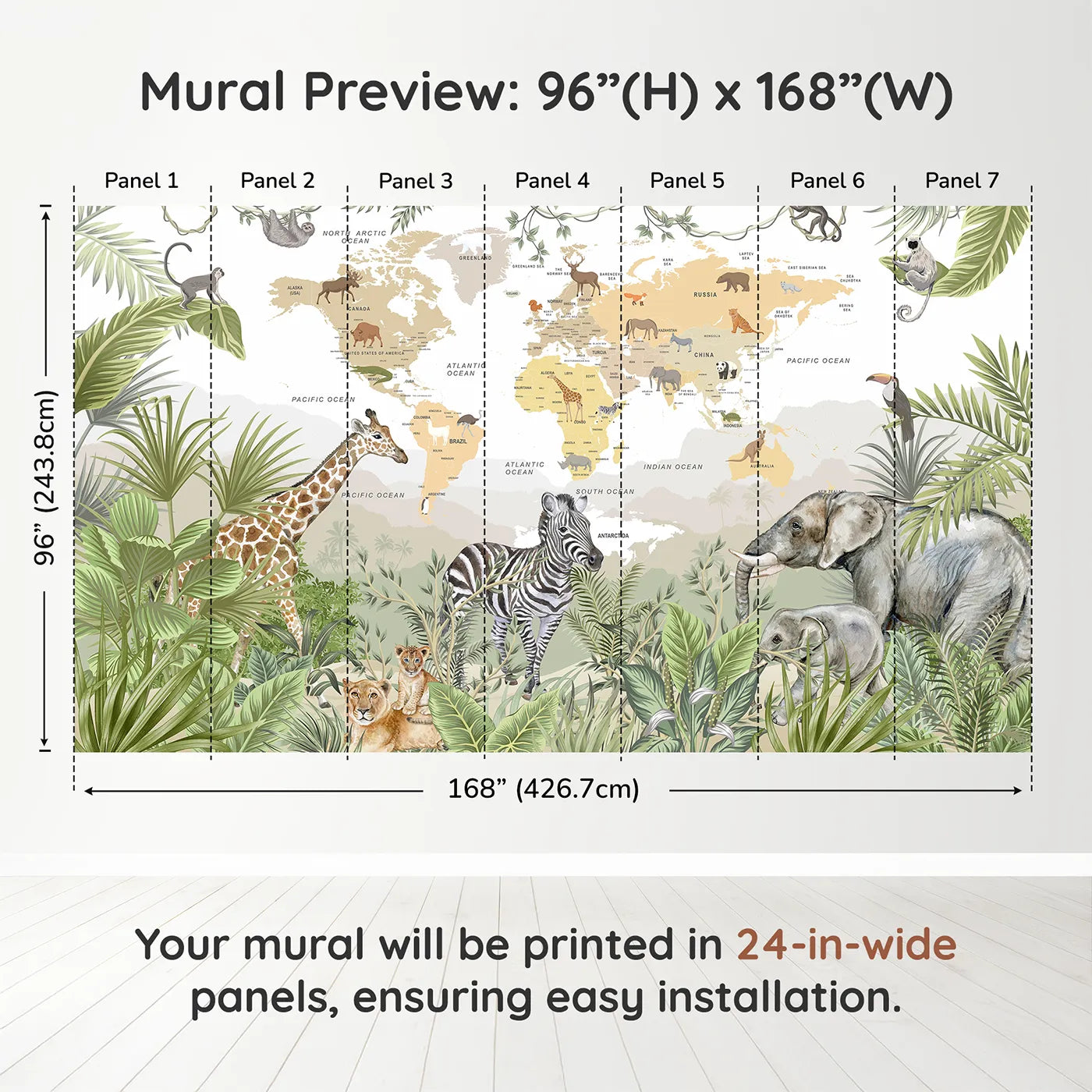Whimsy Tots Jungle Explorer World Map Wall Muraldimension view (96" H x 168" W). Printed in seven 24-inch-wide panels. Gender-Neutral