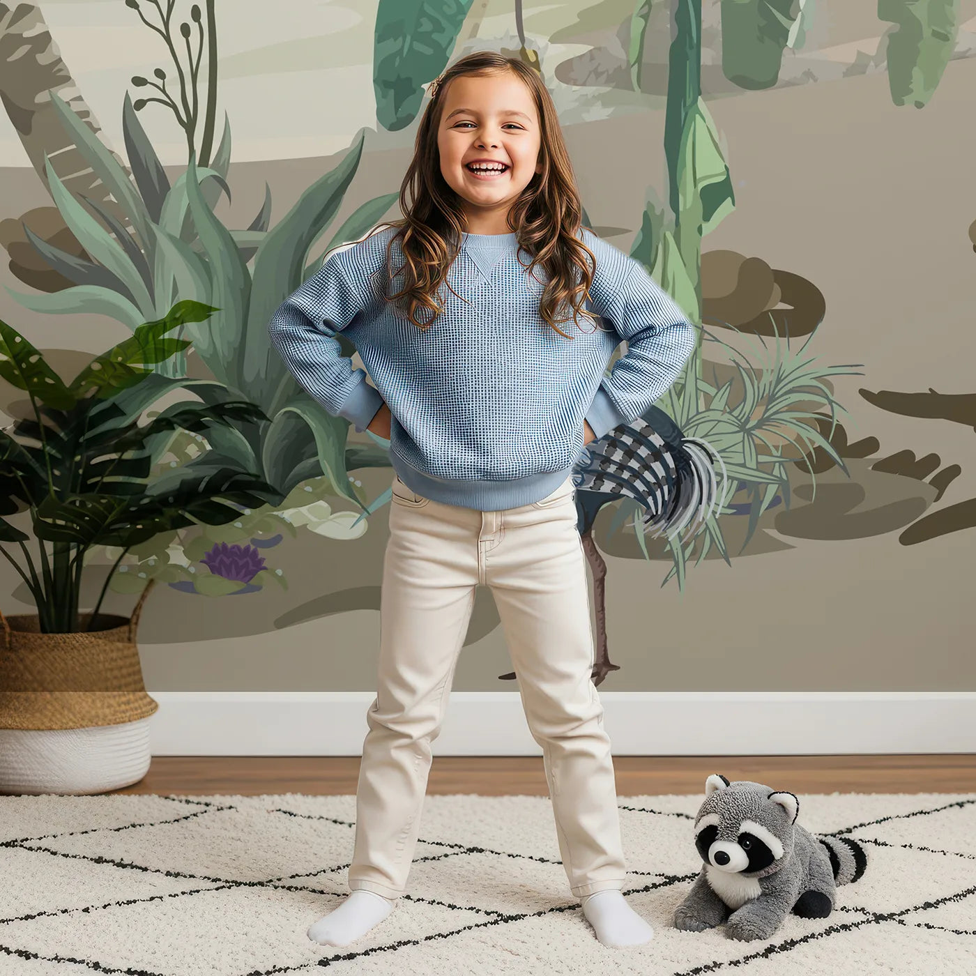 Child in front of Whimsy Tots Exotic Bird Sanctuary Wall Mural with chinoiserie, vintage, floral, bird, exotic, tropical, classic, elegant in design.