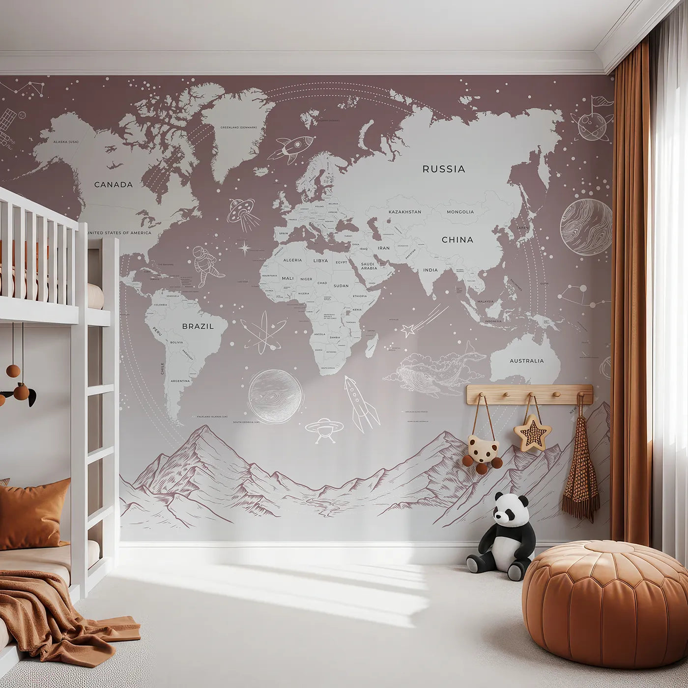 Front view of Whimsy Tots' Cosmic Explorer World Map Wall Mural in Pink