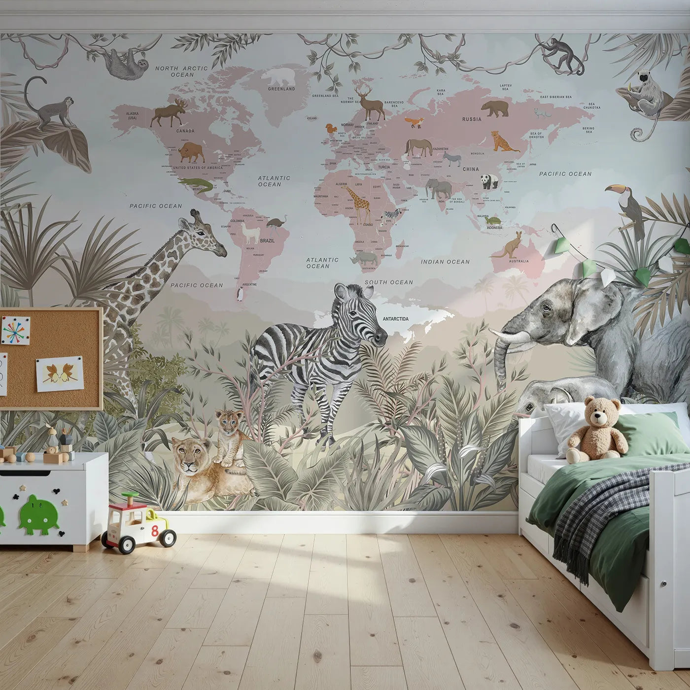 Front view of Whimsy Tots' Safari Explorer World Map Wall Mural