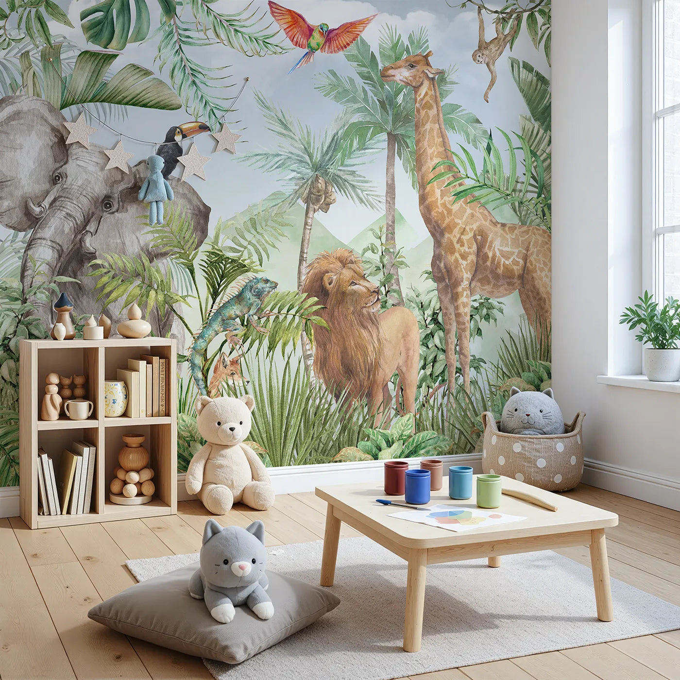 Angled view of Whimsy Tots' Watercolor Safari Wall Mural (Turn Their Room into a Majestic, Painted Jungle).Gender-Neutral