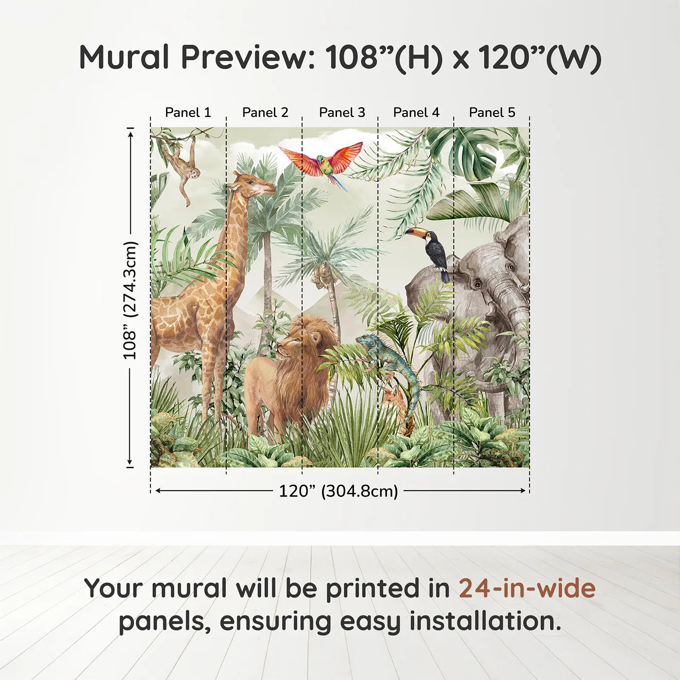 Whimsy Tots Watercolor Safari Wall Mural in Greendimension view (108" H x 120" W). Printed in five 24-inch-wide panels. Gender-Neutral