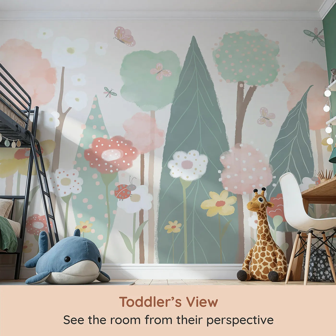 Whimsy Tots Pastel Flower Garden Wall Mural (Turn Their Room into a Whimsical, Painted Meadow) from your child's view.Gender-Neutral