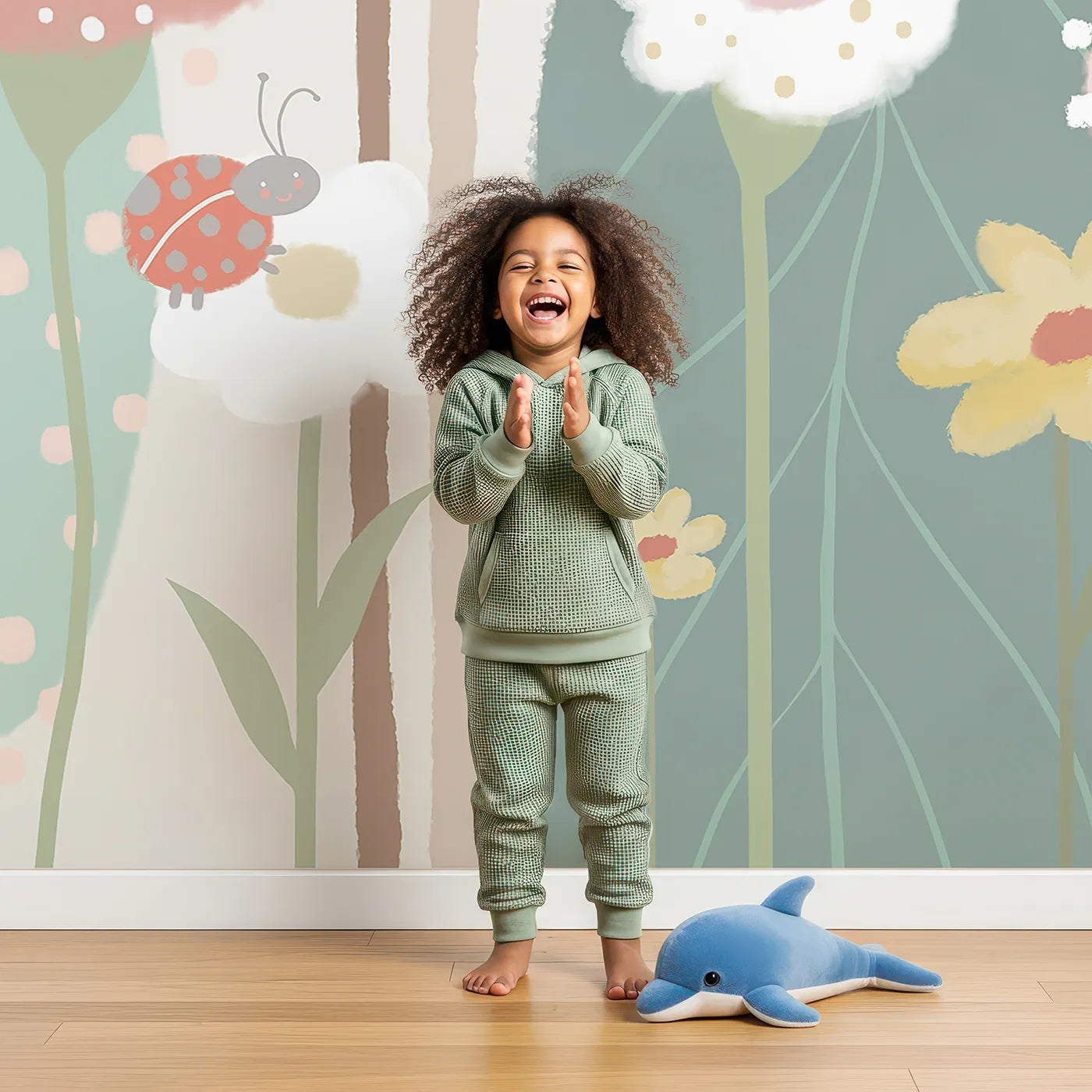 Child in front of Whimsy Tots Pastel Flower Garden Wall Mural with flower, garden, pastel, abstract, tree, whimsical, cute, pink in design.