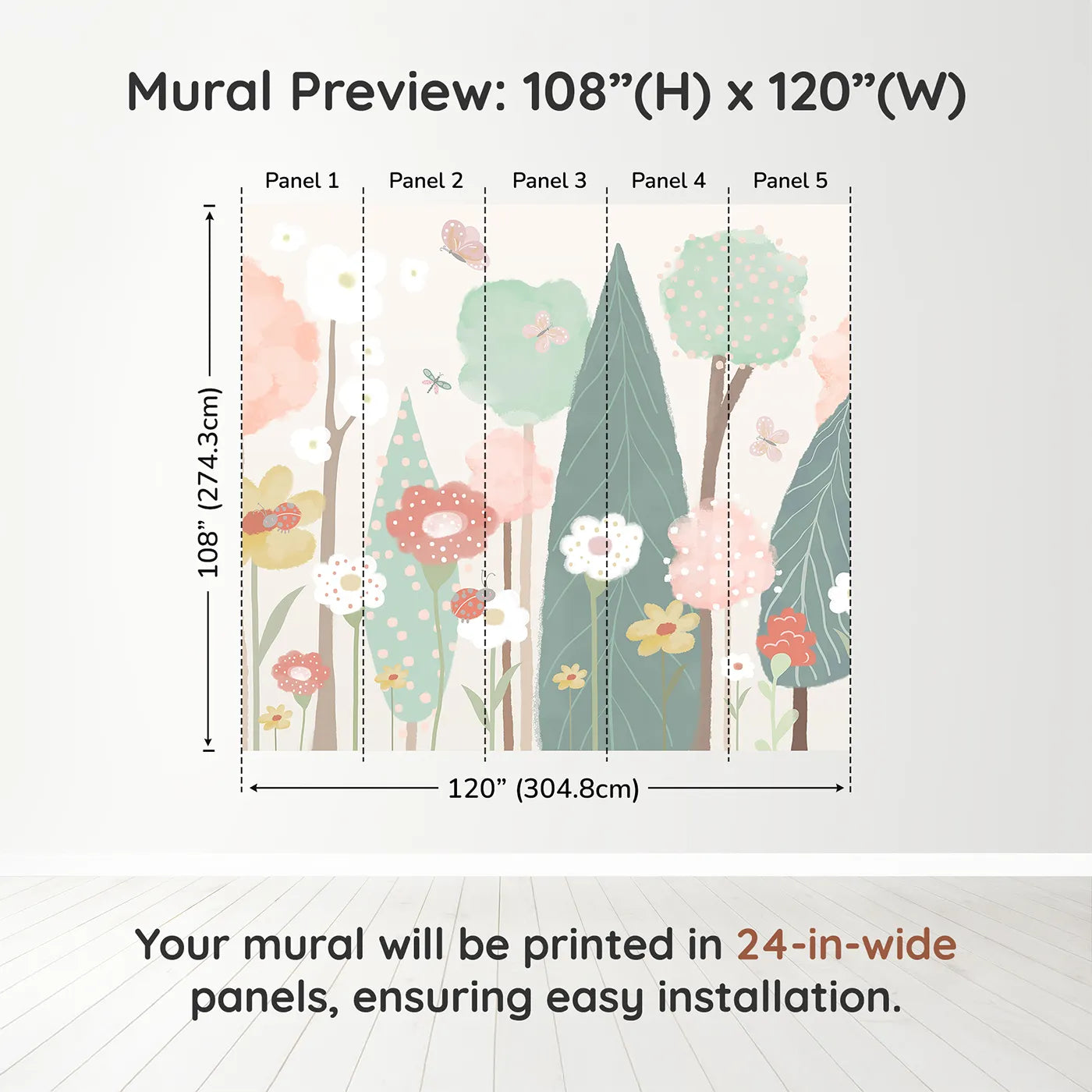 Whimsy Tots Pastel Flower Garden Wall Muraldimension view (108" H x 120" W). Printed in five 24-inch-wide panels. Gender-Neutral