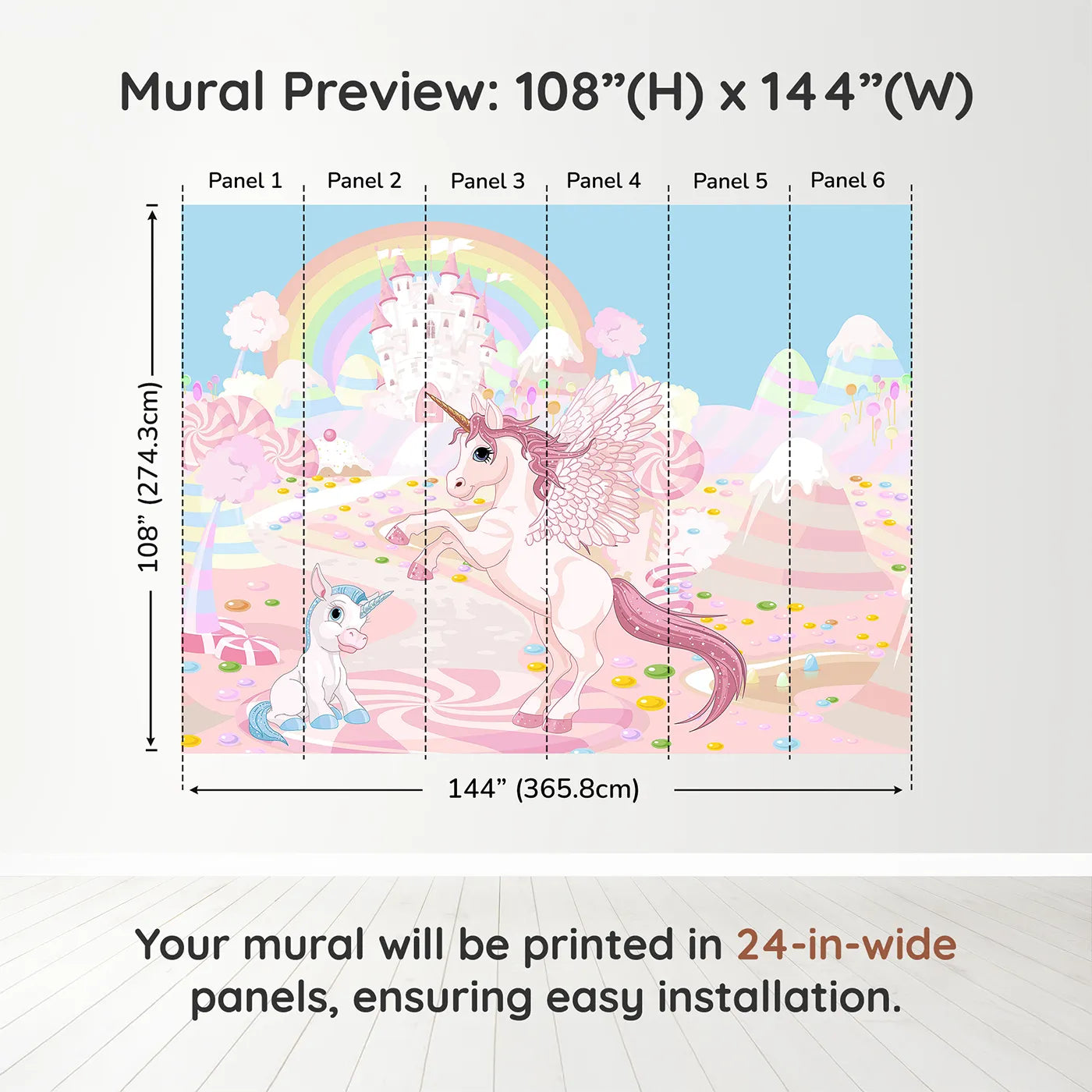 Whimsy Tots Unicorn Candy Land Wall Muraldimension view (108" H x 144" W). Printed in six 24-inch-wide panels. Best for Girls