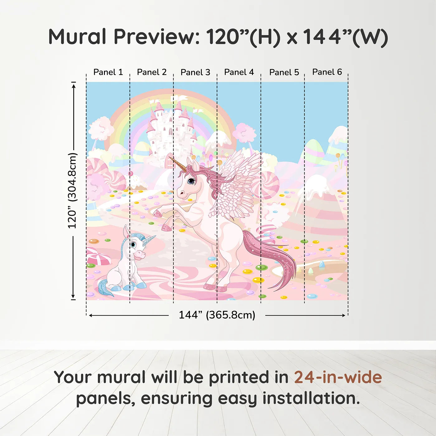 Whimsy Tots Unicorn Candy Land Wall Muraldimension view (120" H x 144" W). Printed in six 24-inch-wide panels. Best for Girls