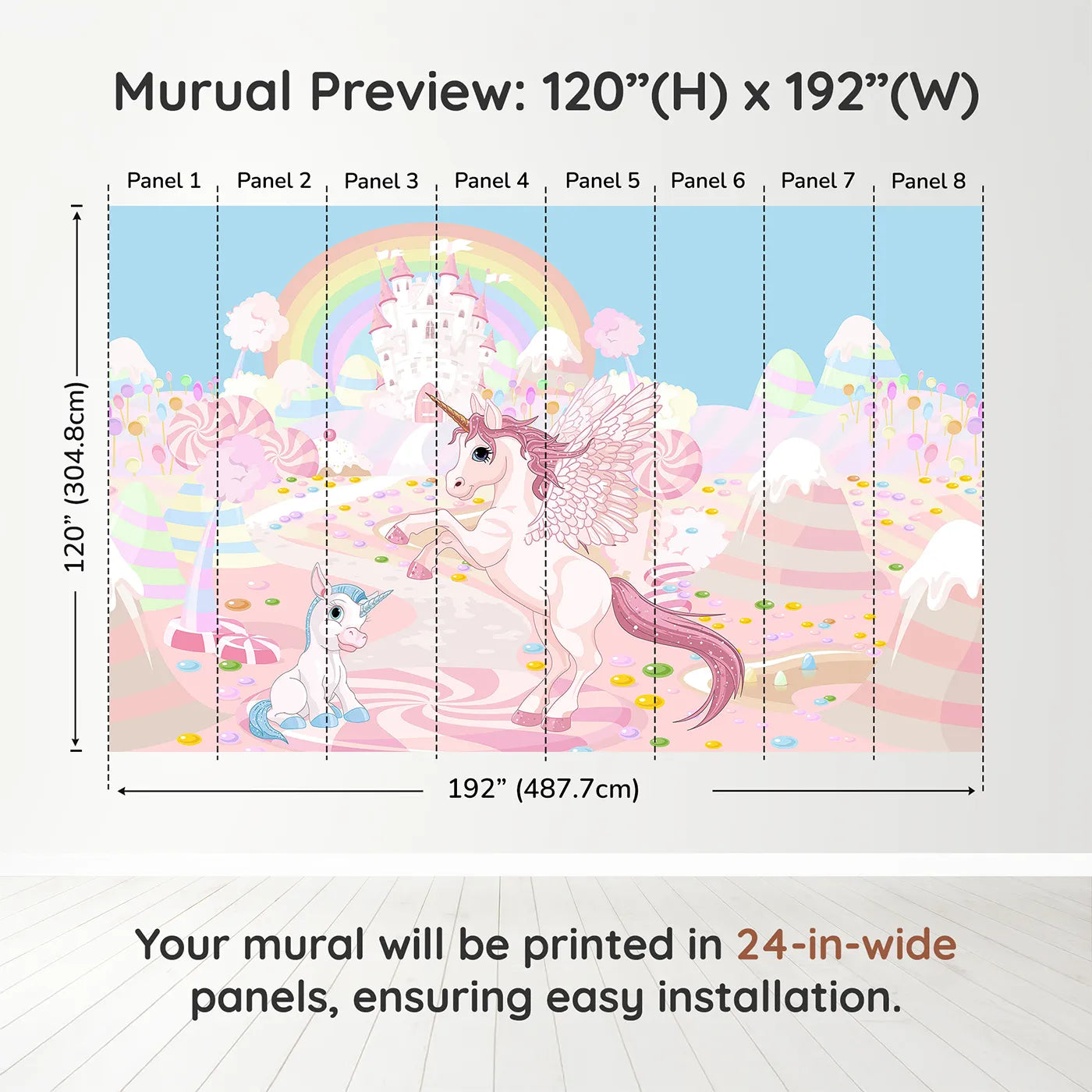Whimsy Tots Unicorn Candy Land Wall Muraldimension view (120" H x 192" W). Printed in eight 24-inch-wide panels. Best for Girls