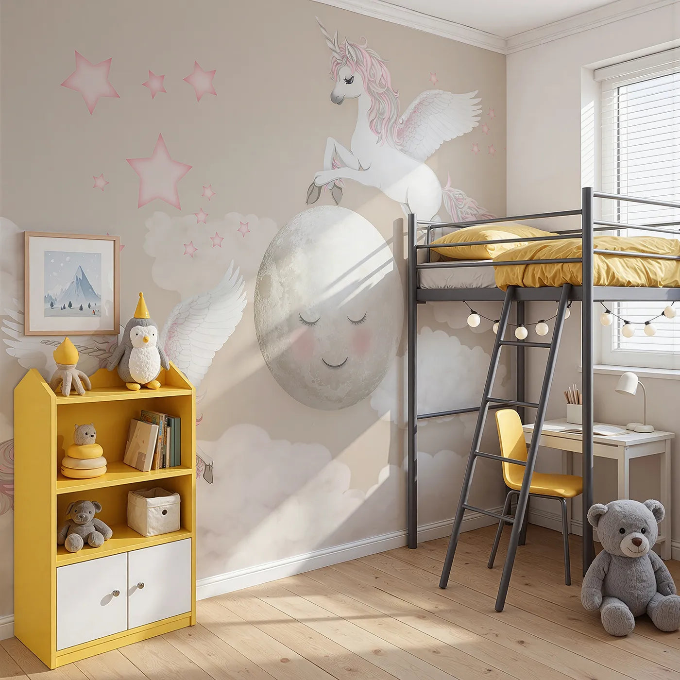 Angled view of Whimsy Tots' Pegasus Moon Dance Wall Mural (Turn Their Room into a Magical, Starry Night Flight).Best for Girls