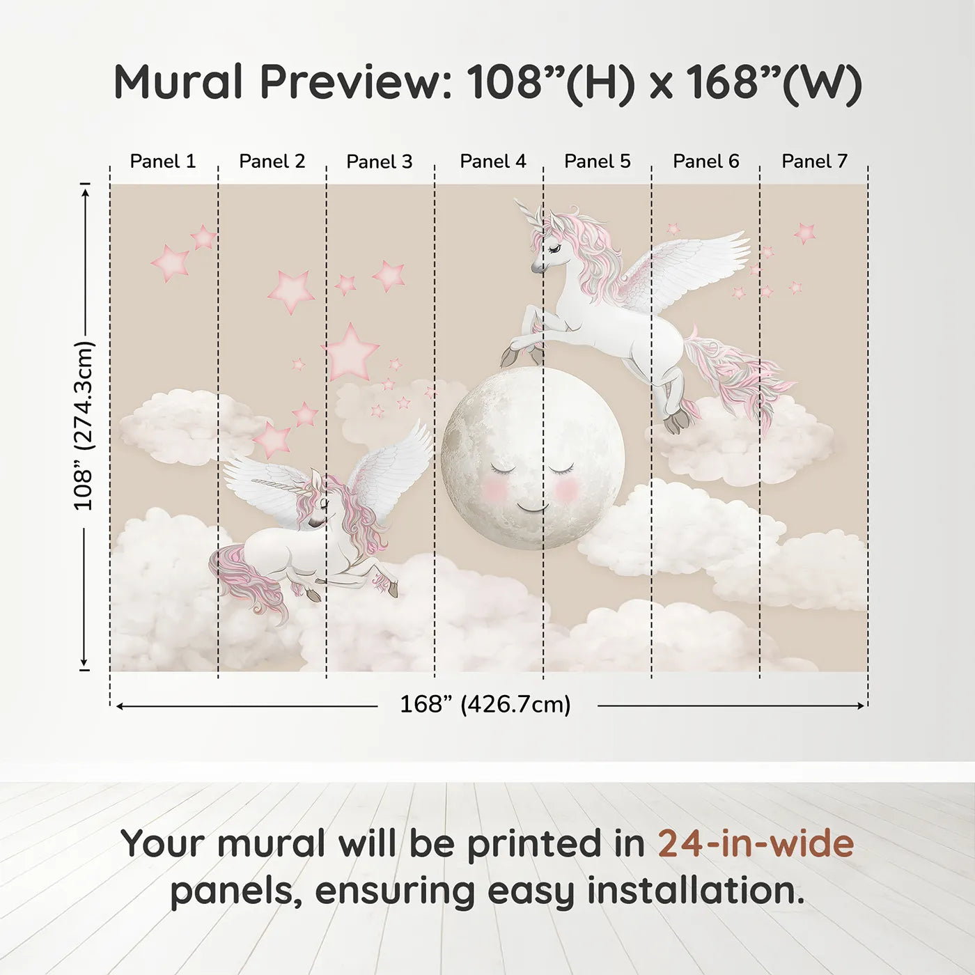 Whimsy Tots Pegasus Moon Dance Wall Muraldimension view (108" H x 168" W). Printed in seven 24-inch-wide panels. Best for Girls