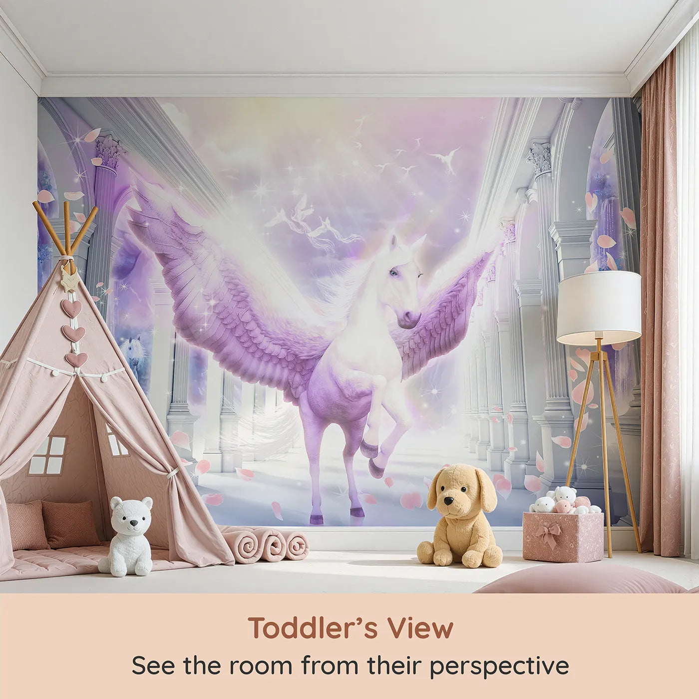 Whimsy Tots Pegasus in the Heavens Wall Mural (Turn Their Room into a Breathtaking, Ethereal Palace) from your child's view.Gender-Neutral