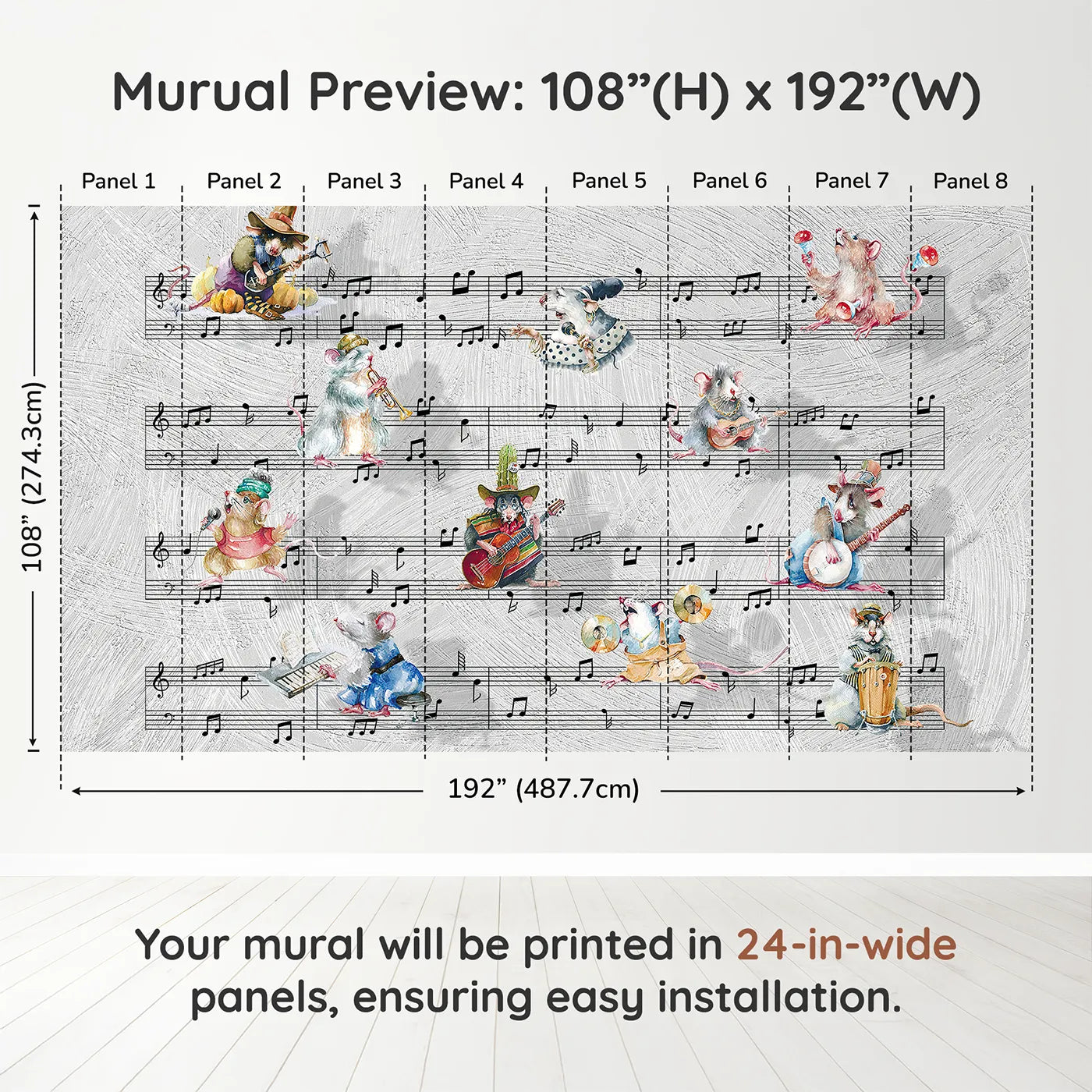Whimsy Tots Mouse Musician Jam Session Wall Muraldimension view (108" H x 192" W). Printed in eight 24-inch-wide panels. Gender-Neutral