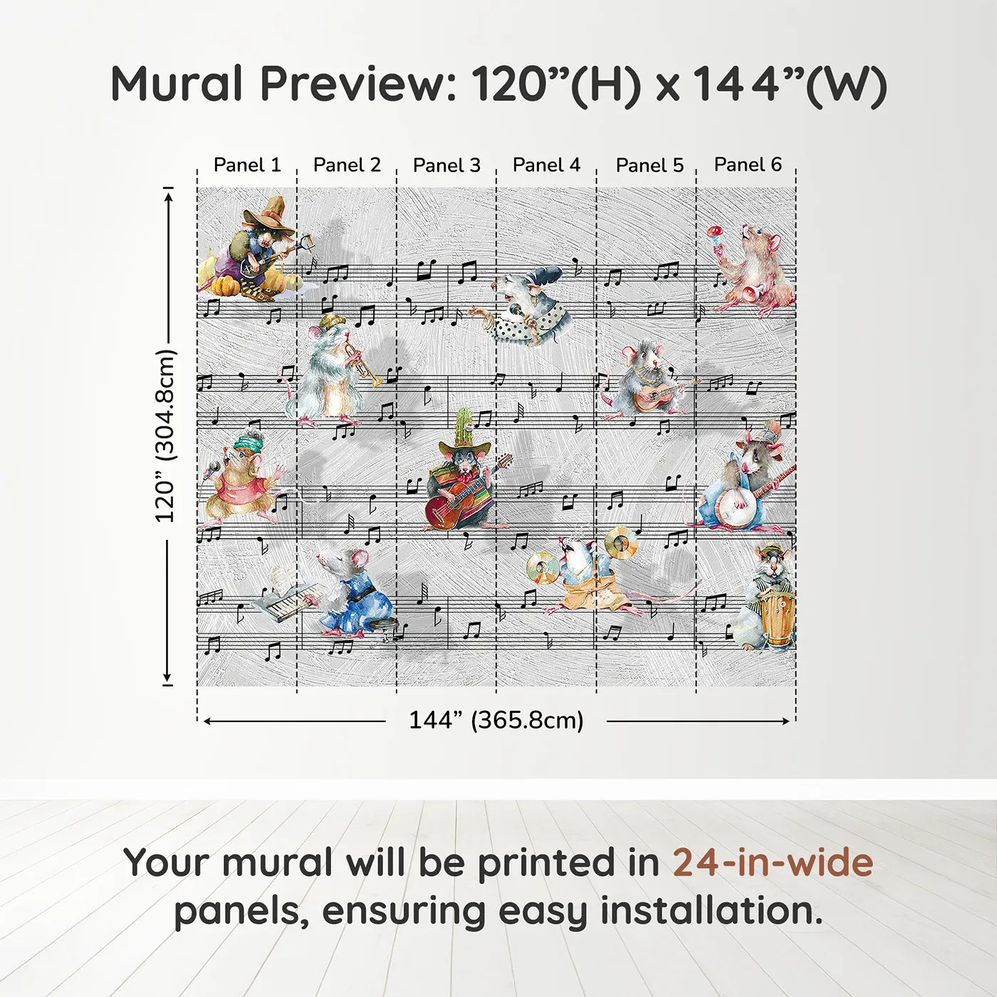 Whimsy Tots Mouse Musician Jam Session Wall Muraldimension view (120" H x 144" W). Printed in six 24-inch-wide panels. Gender-Neutral