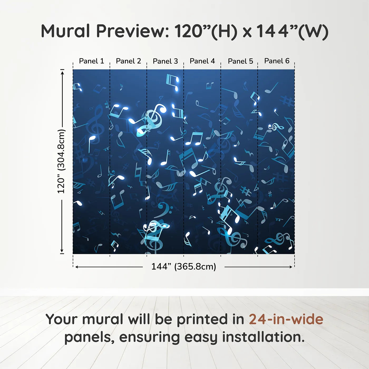 Whimsy Tots Glowing Blue Music Notes Wall Muraldimension view (120" H x 144" W). Printed in six 24-inch-wide panels. Gender-Neutral