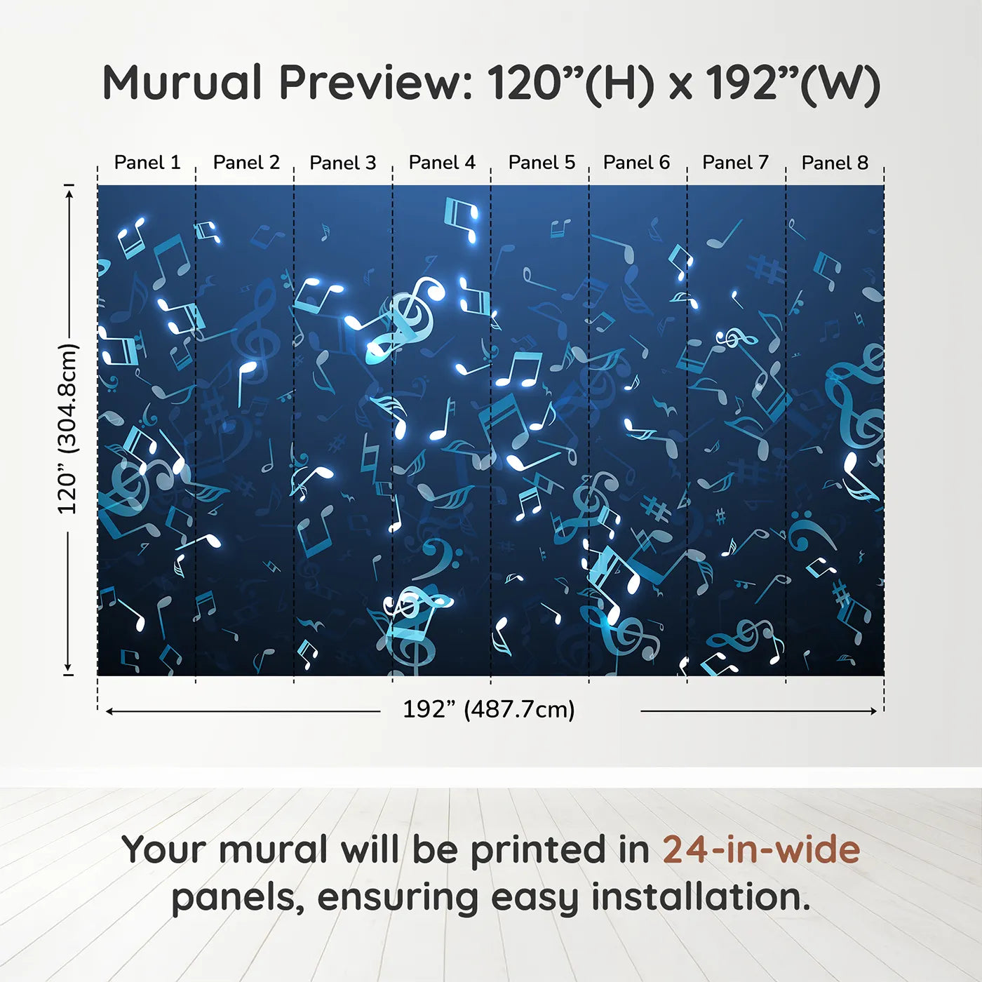 Whimsy Tots Glowing Blue Music Notes Wall Muraldimension view (120" H x 192" W). Printed in eight 24-inch-wide panels. Gender-Neutral