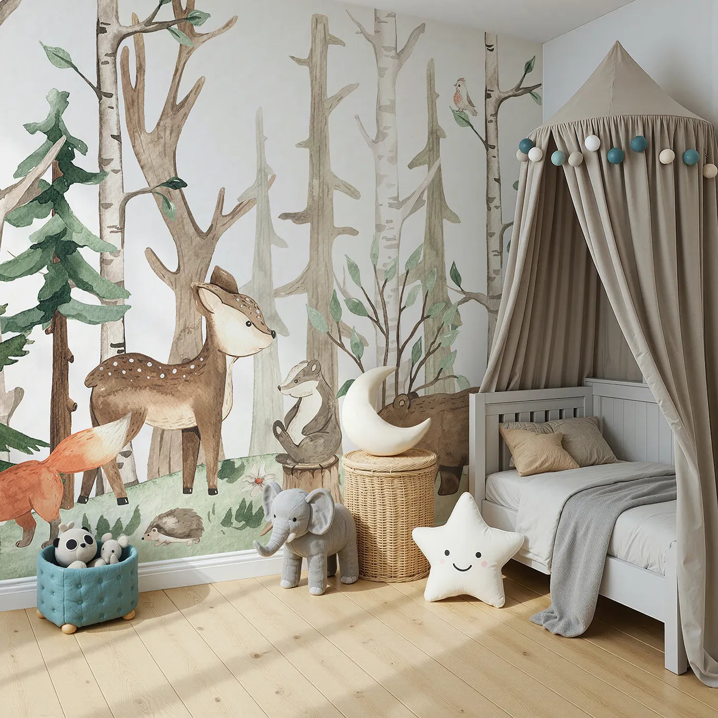 Angled view of Whimsy Tots' Watercolor Woodland Friends Wall Mural (Turn Their Room into a Gentle, Hand-Painted Forest).Gender-Neutral