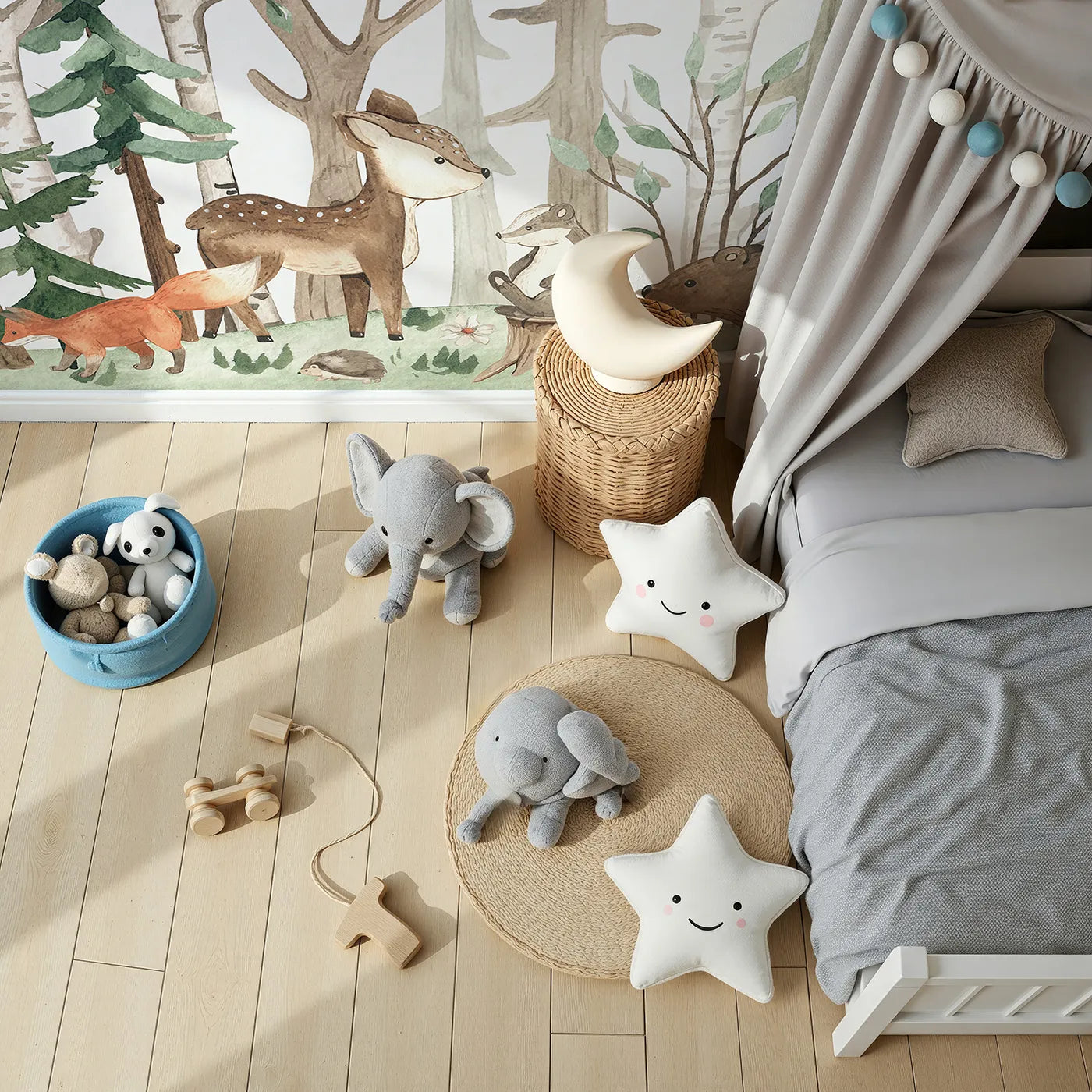 Top-down view of Whimsy Tots' Watercolor Woodland Friends Wall Mural (Turn Their Room into a Gentle, Hand-Painted Forest).Gender-Neutral