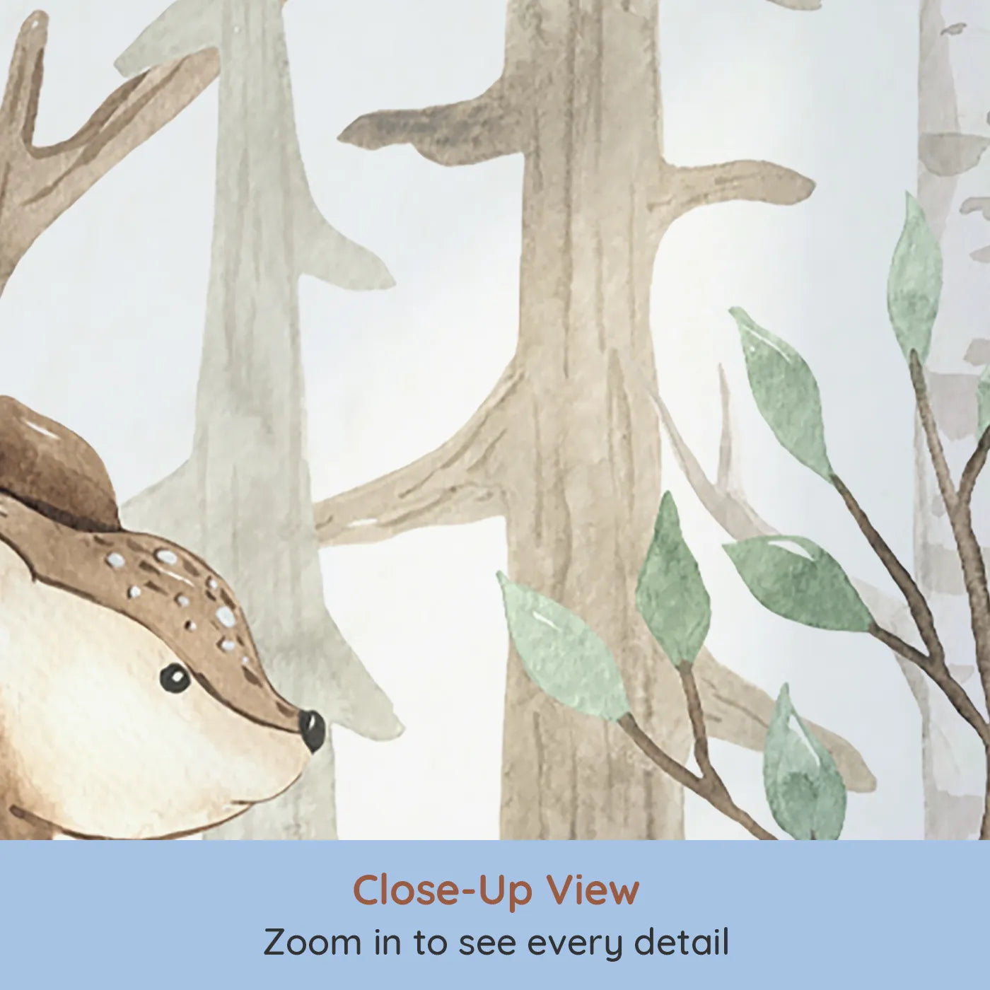 Close-up view of Whimsy Tots' Watercolor Woodland Friends Wall Mural (Turn Their Room into a Gentle, Hand-Painted Forest).Gender-Neutral