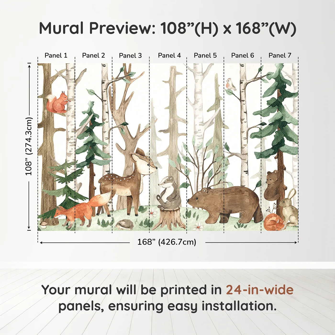 Whimsy Tots Watercolor Woodland Friends Wall Muraldimension view (108" H x 168" W). Printed in seven 24-inch-wide panels. Gender-Neutral