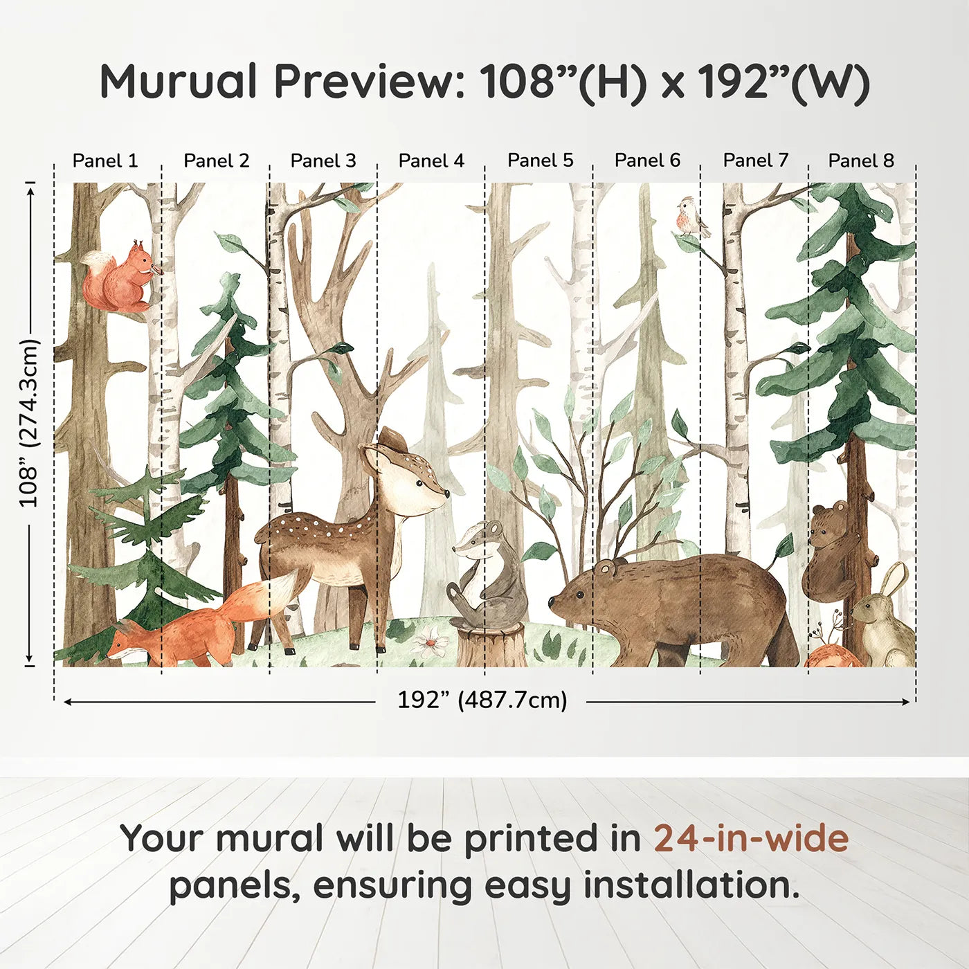 Whimsy Tots Watercolor Woodland Friends Wall Muraldimension view (108" H x 192" W). Printed in eight 24-inch-wide panels. Gender-Neutral