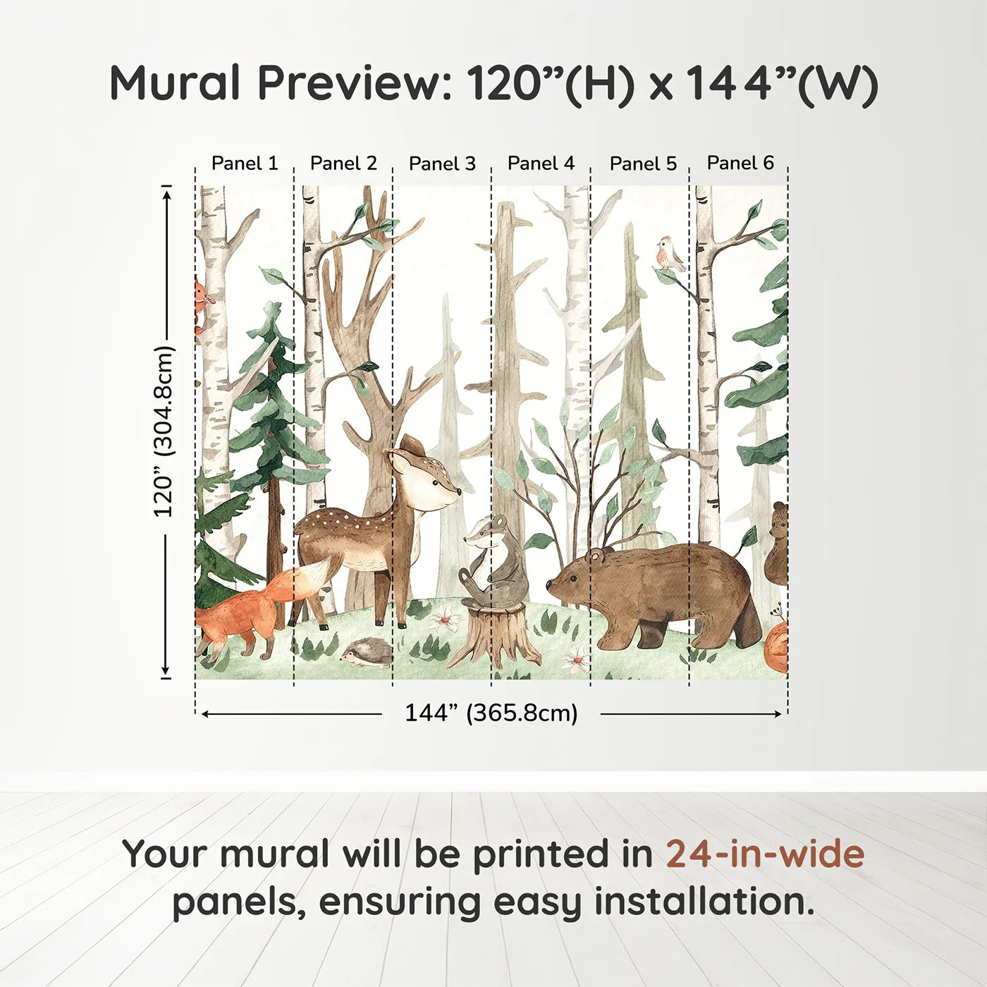 Whimsy Tots Watercolor Woodland Friends Wall Muraldimension view (120" H x 144" W). Printed in six 24-inch-wide panels. Gender-Neutral