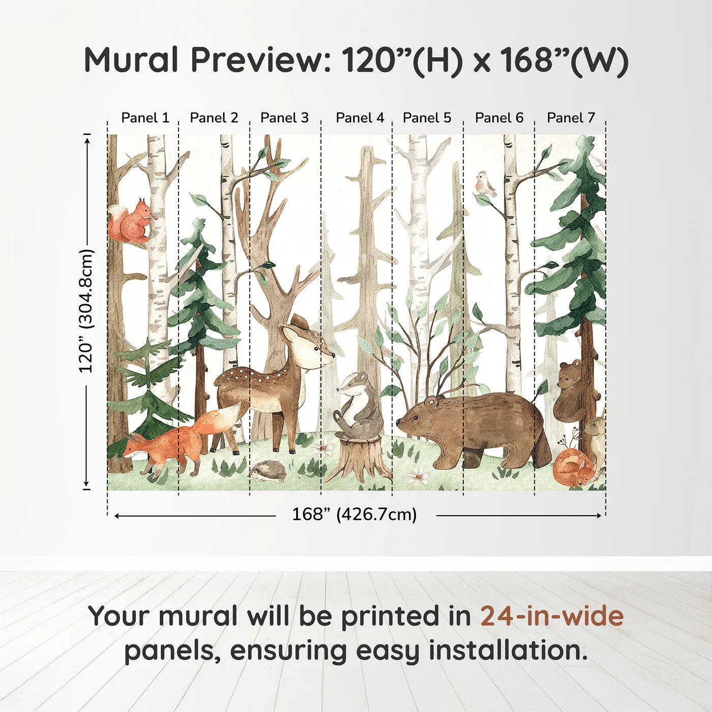 Whimsy Tots Watercolor Woodland Friends Wall Muraldimension view (120" H x 168" W). Printed in seven 24-inch-wide panels. Gender-Neutral