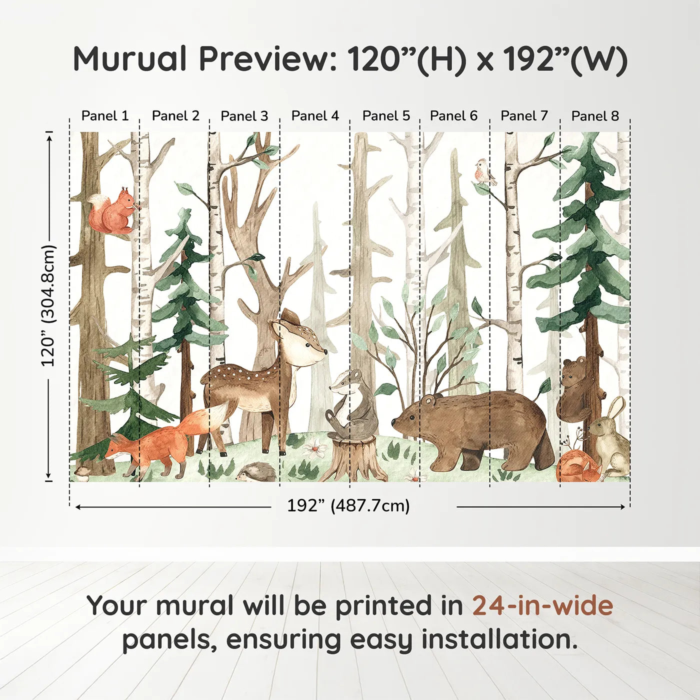 Whimsy Tots Watercolor Woodland Friends Wall Muraldimension view (120" H x 192" W). Printed in eight 24-inch-wide panels. Gender-Neutral