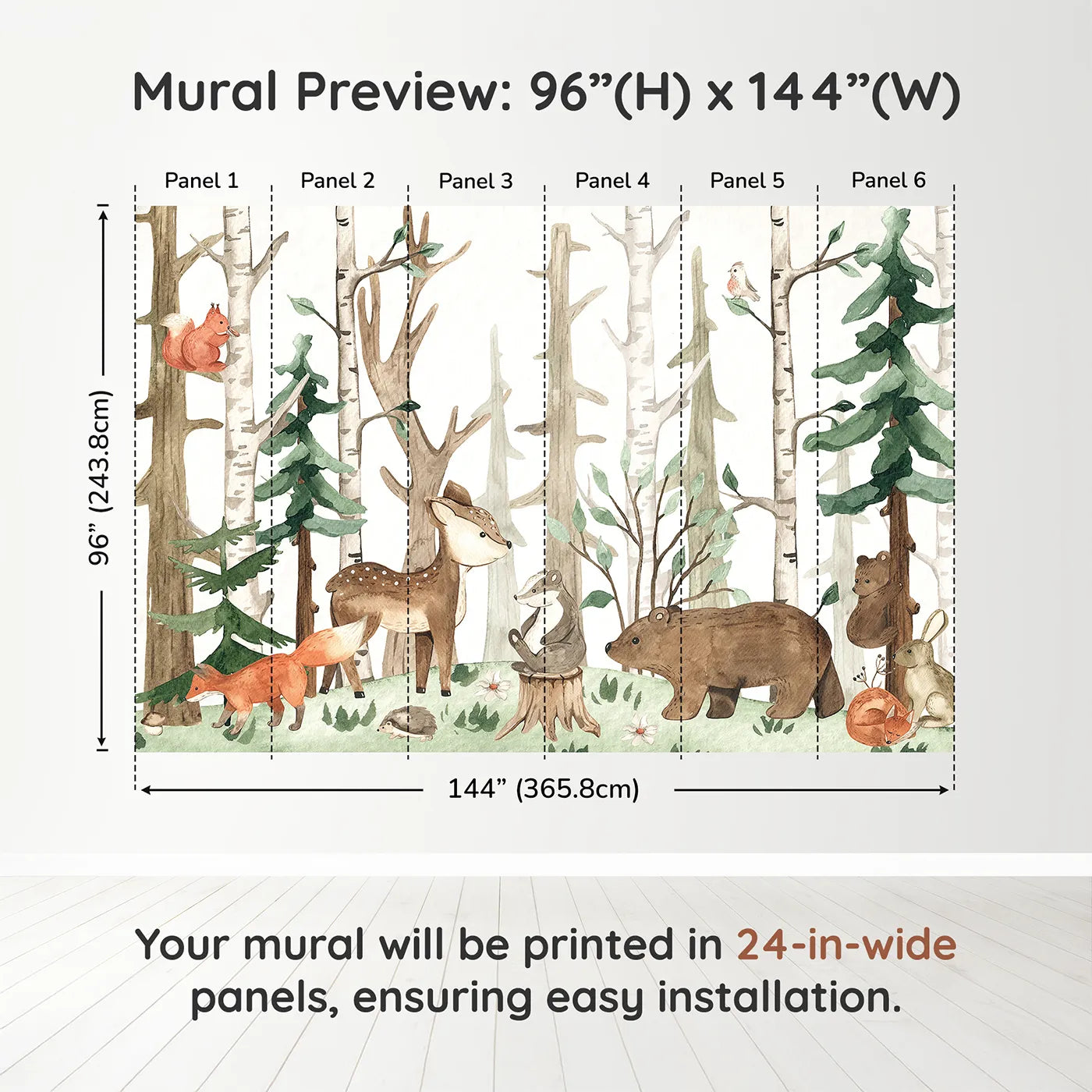 Whimsy Tots Watercolor Woodland Friends Wall Muraldimension view (96" H x 144" W). Printed in six 24-inch-wide panels. Gender-Neutral