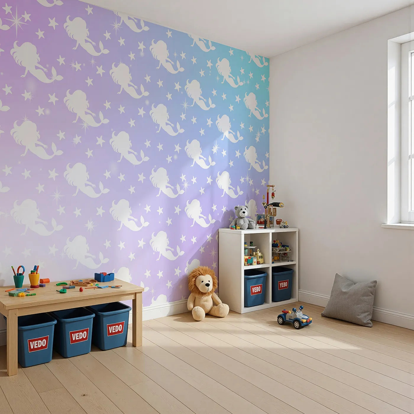 Angled view of Whimsy Tots' Mermaid Sparkle Wall Mural (Turn Their Room into a Magical, Underwater Dream).Best for Girls