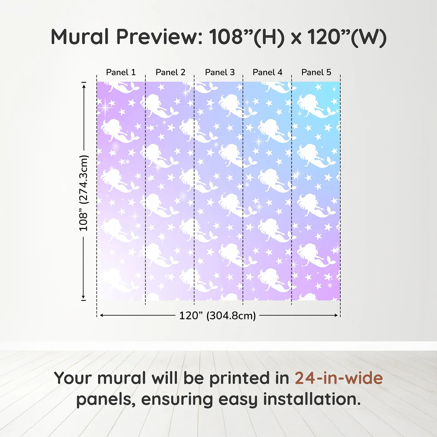 Whimsy Tots Mermaid Sparkle Wall Muraldimension view (108" H x 120" W). Printed in five 24-inch-wide panels. Best for Girls