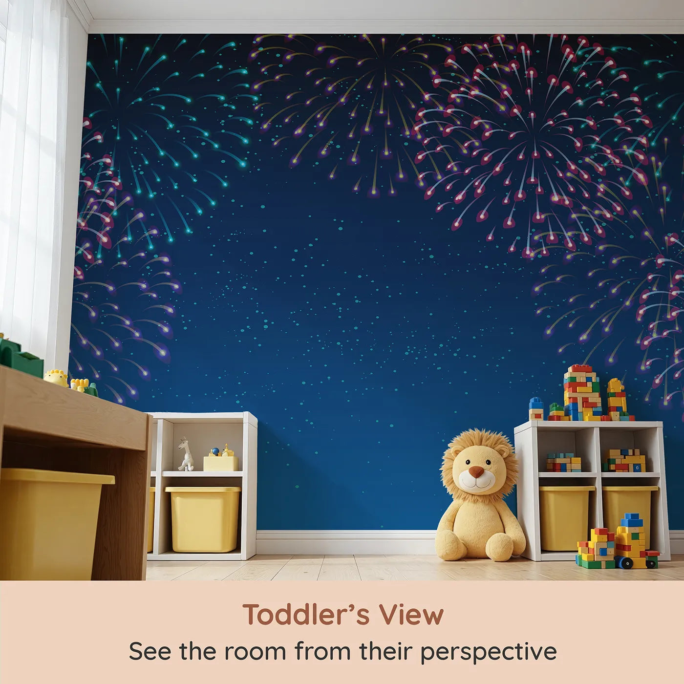 Whimsy Tots Night Sky Fireworks Wall Mural (Turn Their Room into a Dazzling, Celebratory Light Show) from your child's view.Gender-Neutral