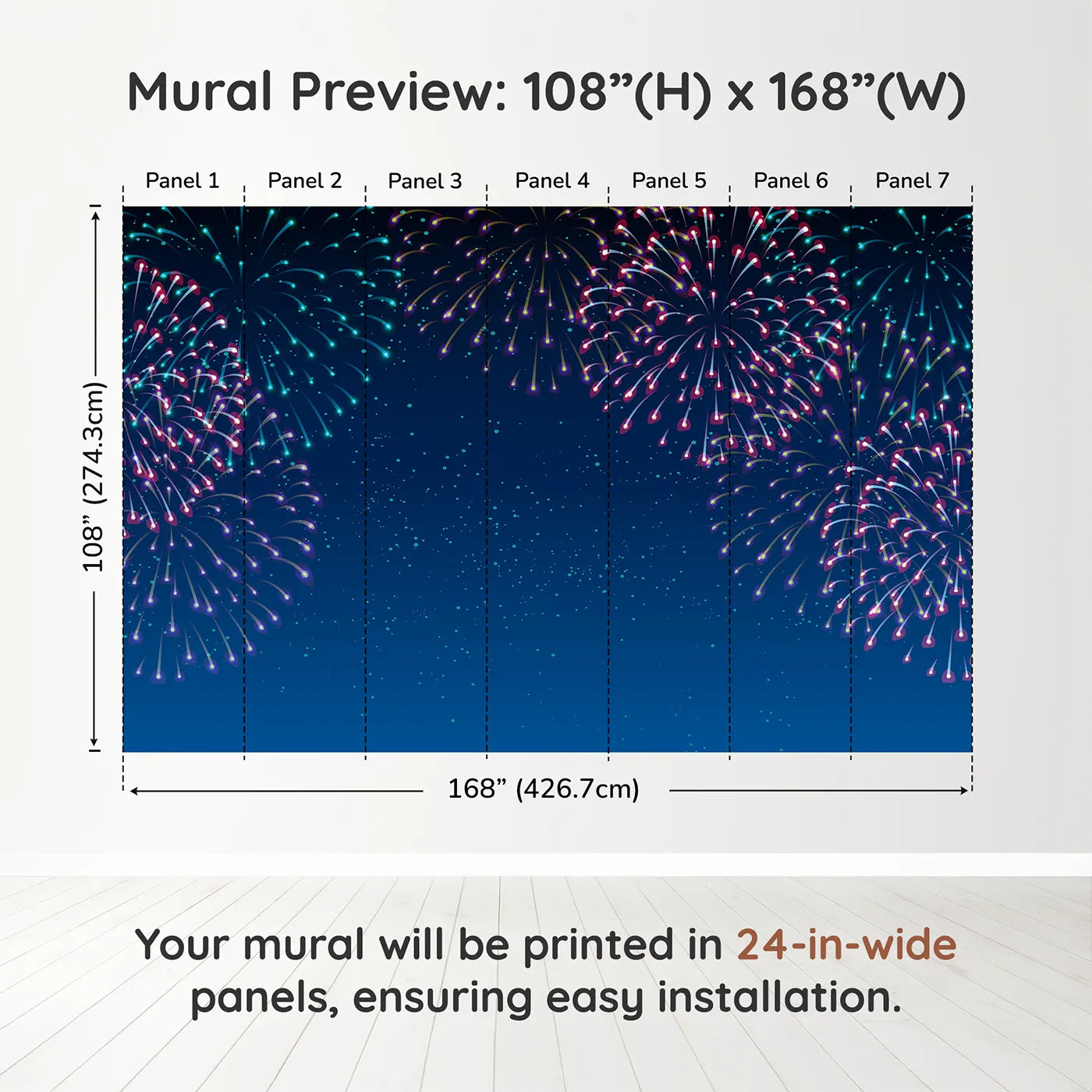 Whimsy Tots Night Sky Fireworks Wall Muraldimension view (108" H x 168" W). Printed in seven 24-inch-wide panels. Gender-Neutral