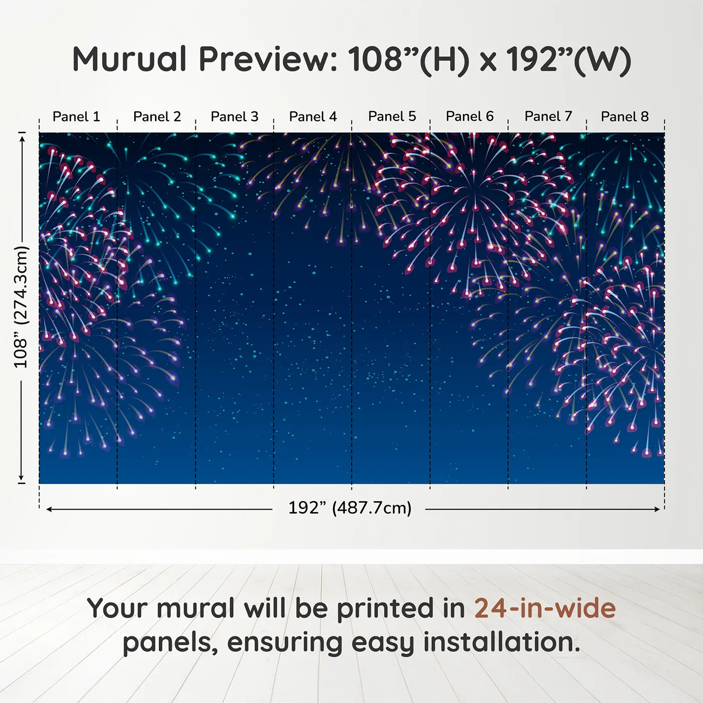 Whimsy Tots Night Sky Fireworks Wall Muraldimension view (108" H x 192" W). Printed in eight 24-inch-wide panels. Gender-Neutral