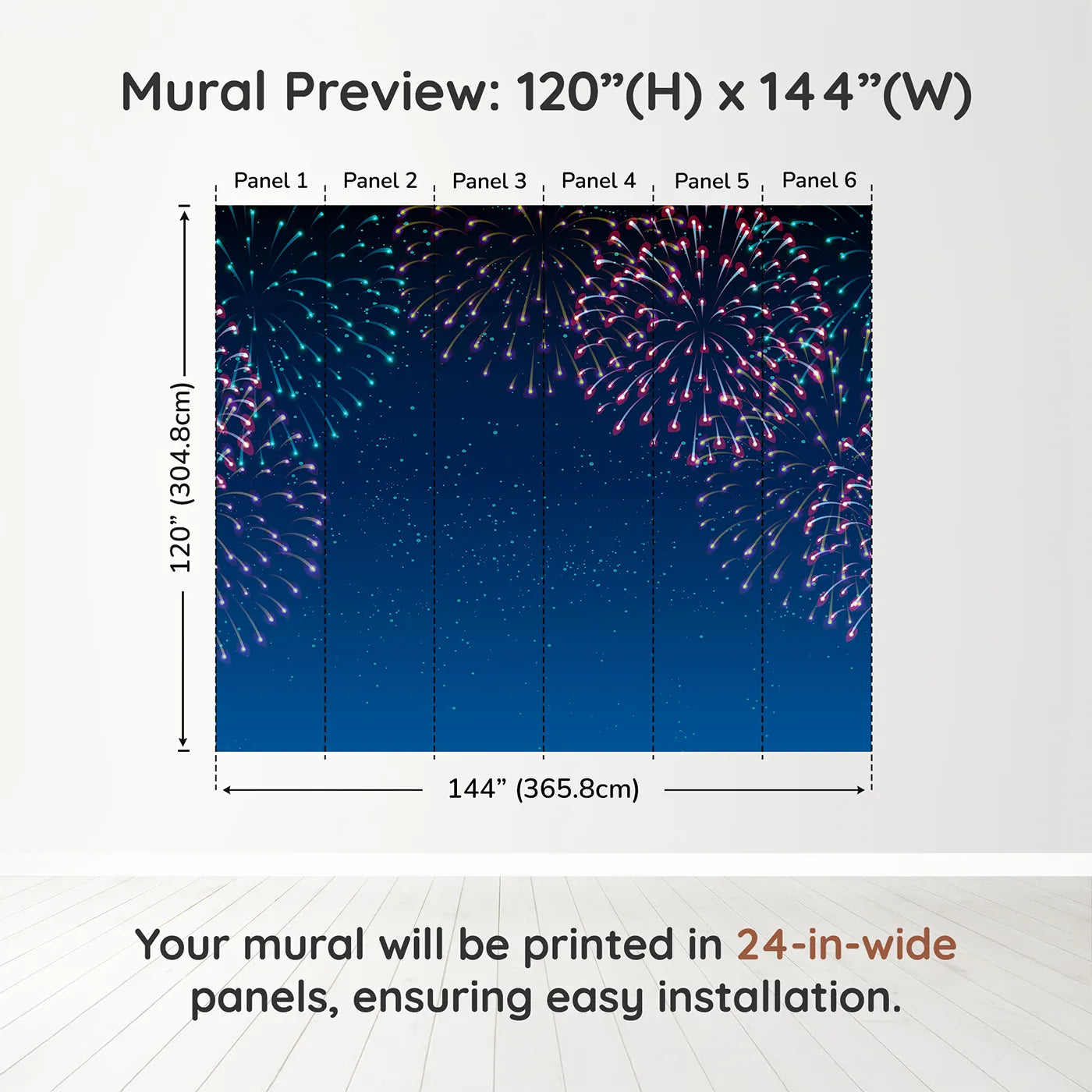 Whimsy Tots Night Sky Fireworks Wall Muraldimension view (120" H x 144" W). Printed in six 24-inch-wide panels. Gender-Neutral
