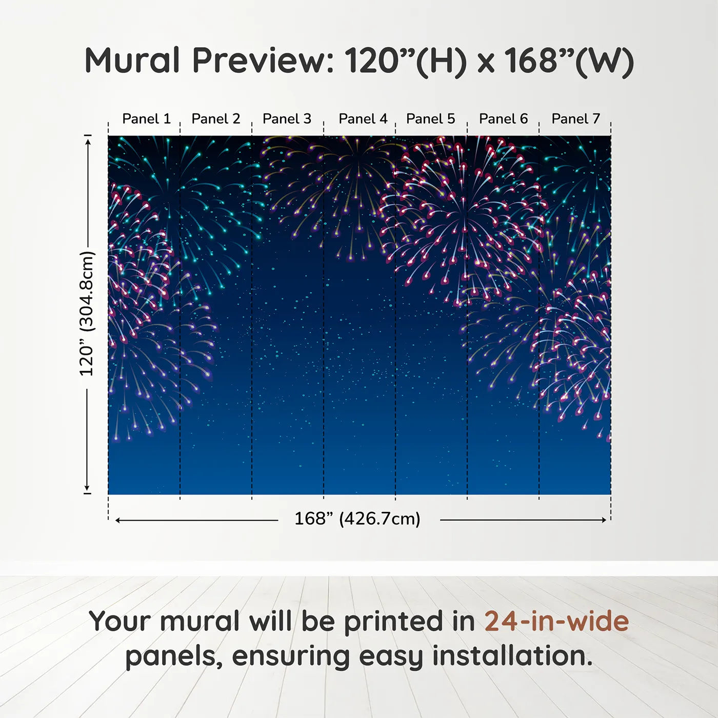 Whimsy Tots Night Sky Fireworks Wall Muraldimension view (120" H x 168" W). Printed in seven 24-inch-wide panels. Gender-Neutral