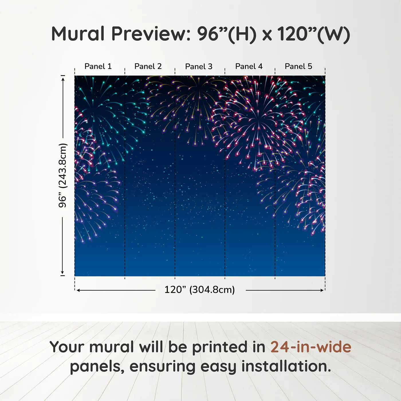 Whimsy Tots Night Sky Fireworks Wall Muraldimension view (96" H x 120" W). Printed in five 24-inch-wide panels. Gender-Neutral