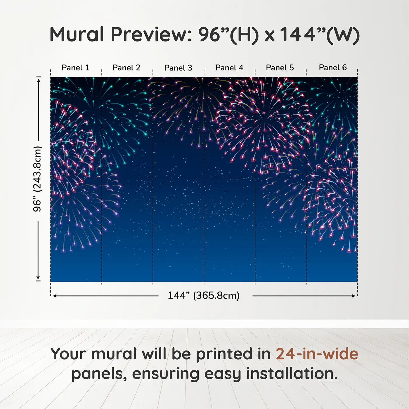 Whimsy Tots Night Sky Fireworks Wall Muraldimension view (96" H x 144" W). Printed in six 24-inch-wide panels. Gender-Neutral